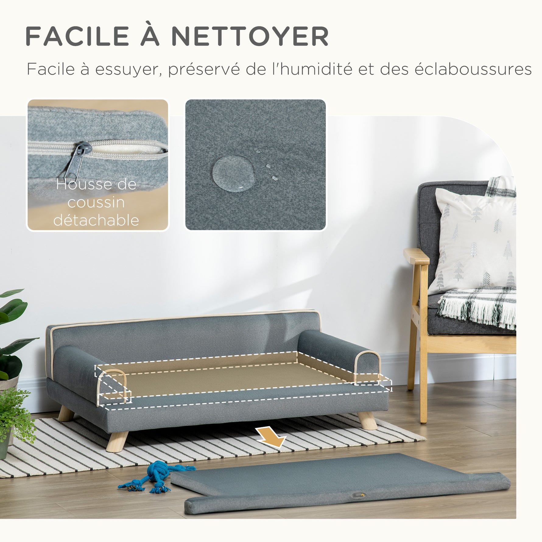 Canapé pour chien chat design scandinave coussin moelleux amovible pieds bois massif 100 x 62 x 32 cm gris