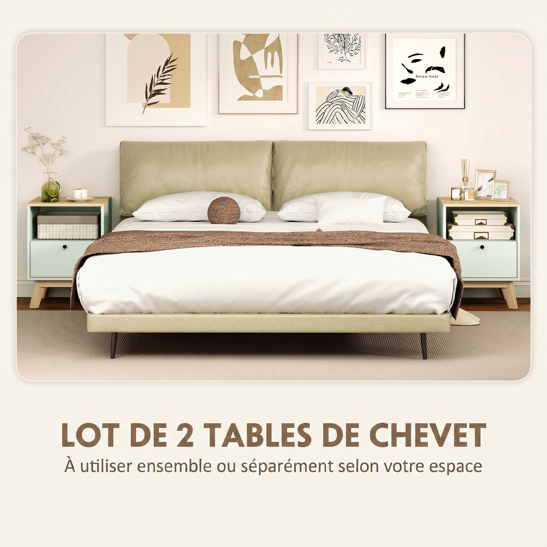 Lot de 2 tables de chevet, tables de nuit avec tiroir et compartiment ouvert, 40 x 40 x 55 cm, chêne et vert clair