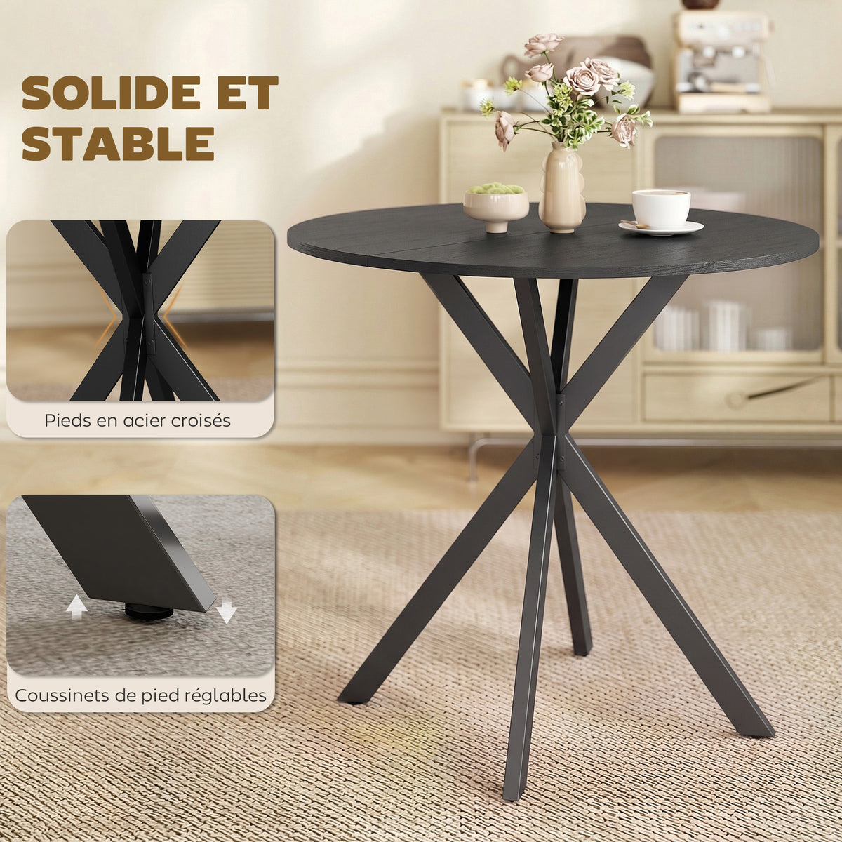 Table à Manger Ronde pour 2 Personnes avec Plateau Aspect Bois et Piètement Croisé en Acier, Noir