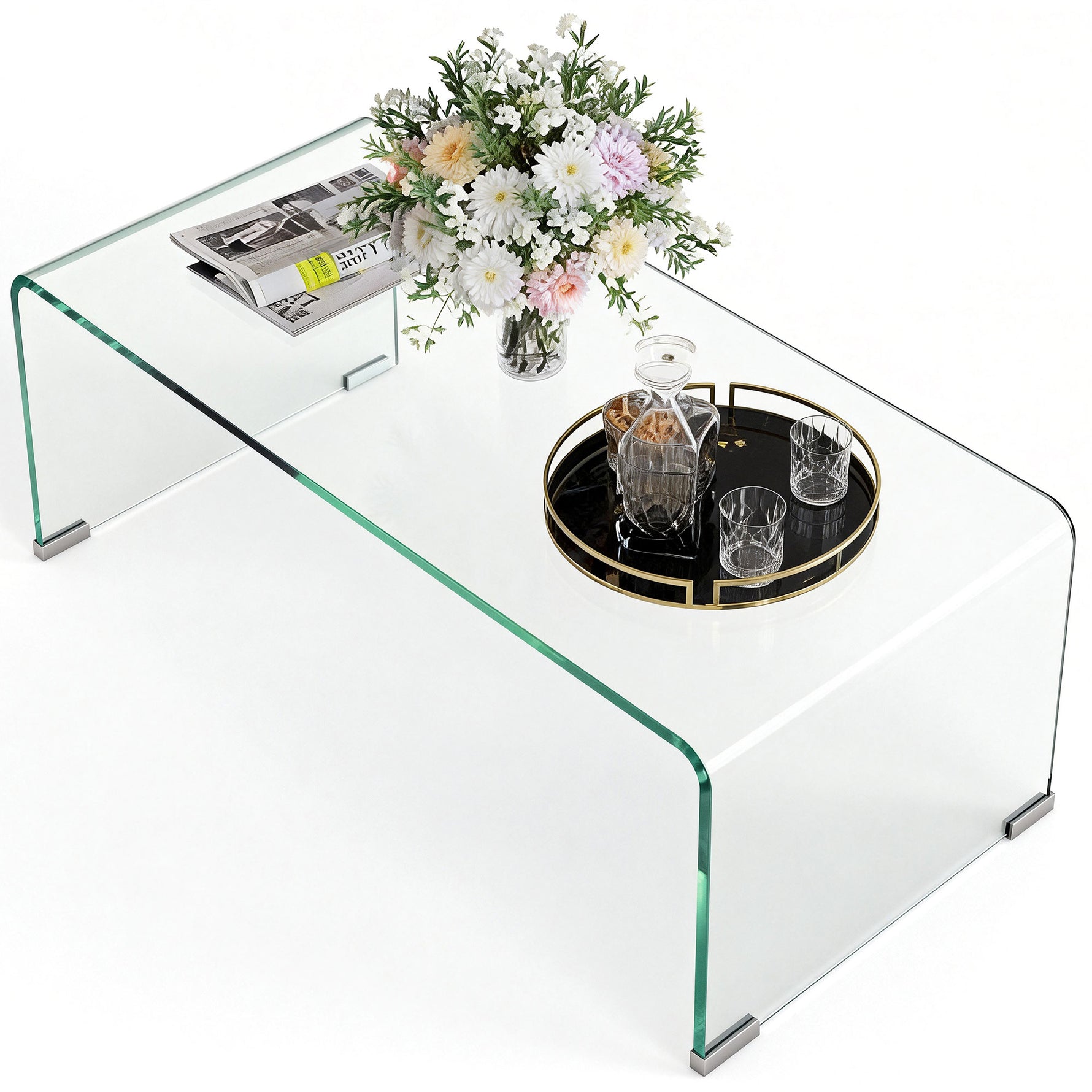 Table basse en verre table de salon rectangulaire design moderne en verre trempé avec bords arrondis sûrs transparent