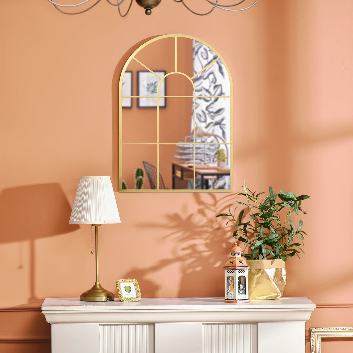 Miroir mural en métal cadre doré en forme de voûtée – 70 x 50 cm – décoration pour entrée ,chambre à coucher, salon