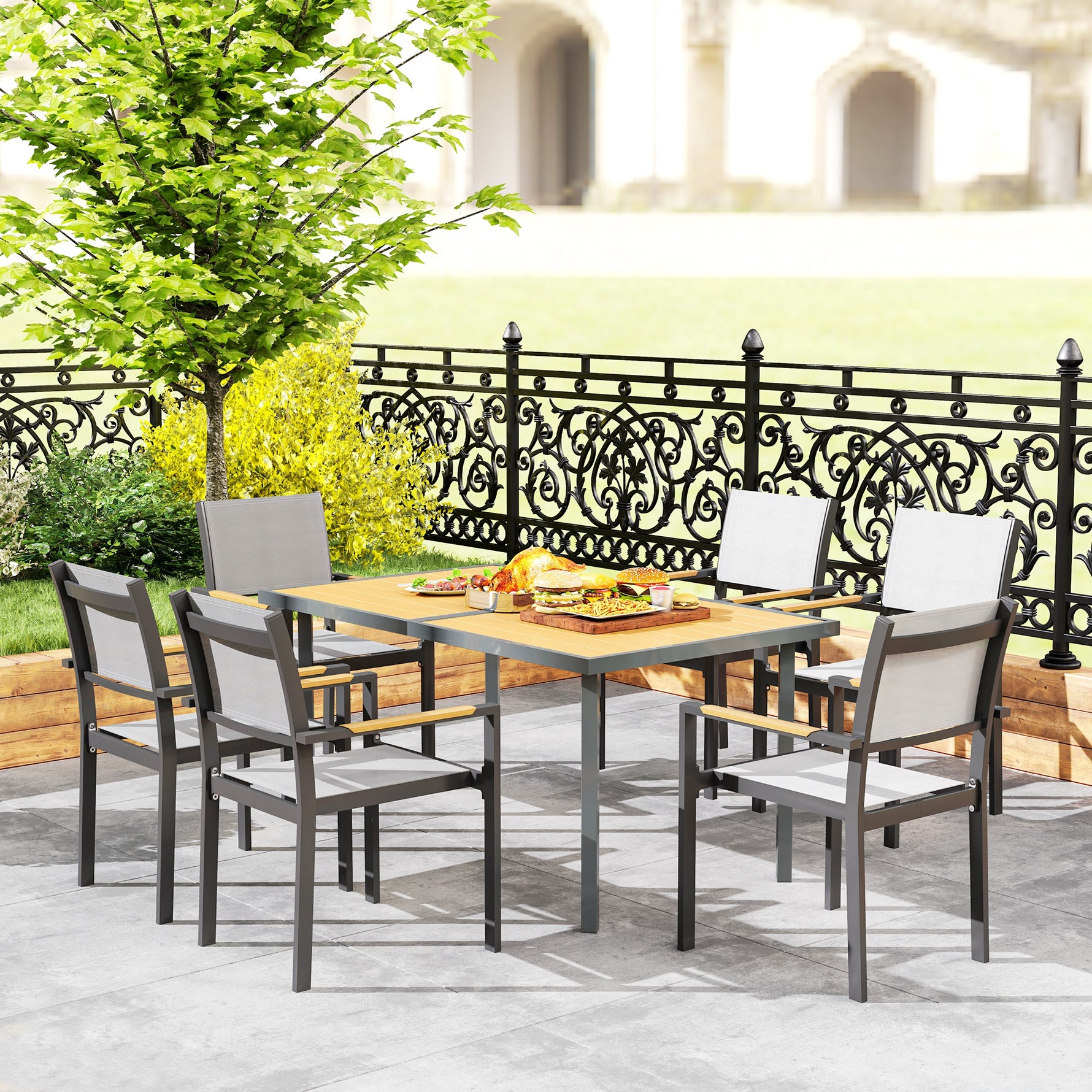 Table à manger de jardin pour 6 personnes table de jardin avec plateau effet bois en acier 150 x 90 x 72 cm bois naturel