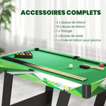 Tavolo da biliardo pieghevole con accessori: 2 stecche, 16 bilie, triangolo, gesso, dim. 104L x 55,5P x 68A cm, panno verde