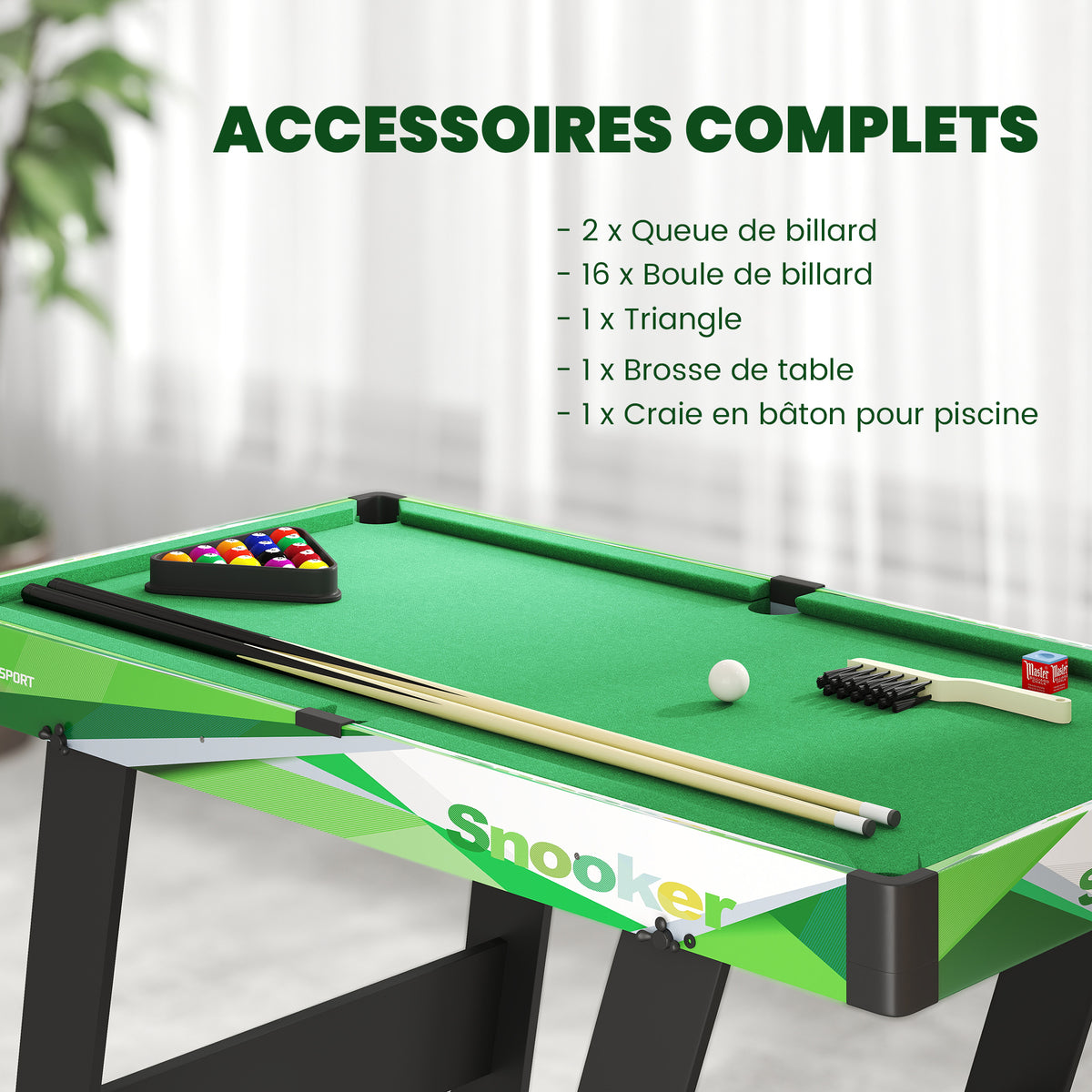 Tavolo da biliardo pieghevole con accessori: 2 stecche, 16 bilie, triangolo, gesso, dim. 104L x 55,5P x 68A cm, panno verde