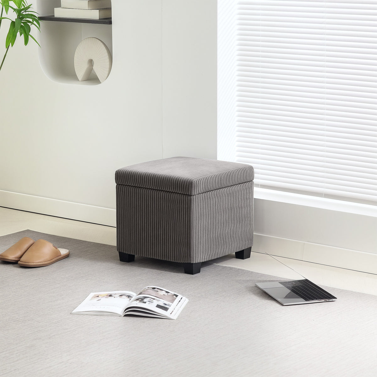 Pouf contenitore 30 L con coperchio rimovibile, pouf cubo imbottito in velluto a coste, 40 x 40 x 40 cm, grigio