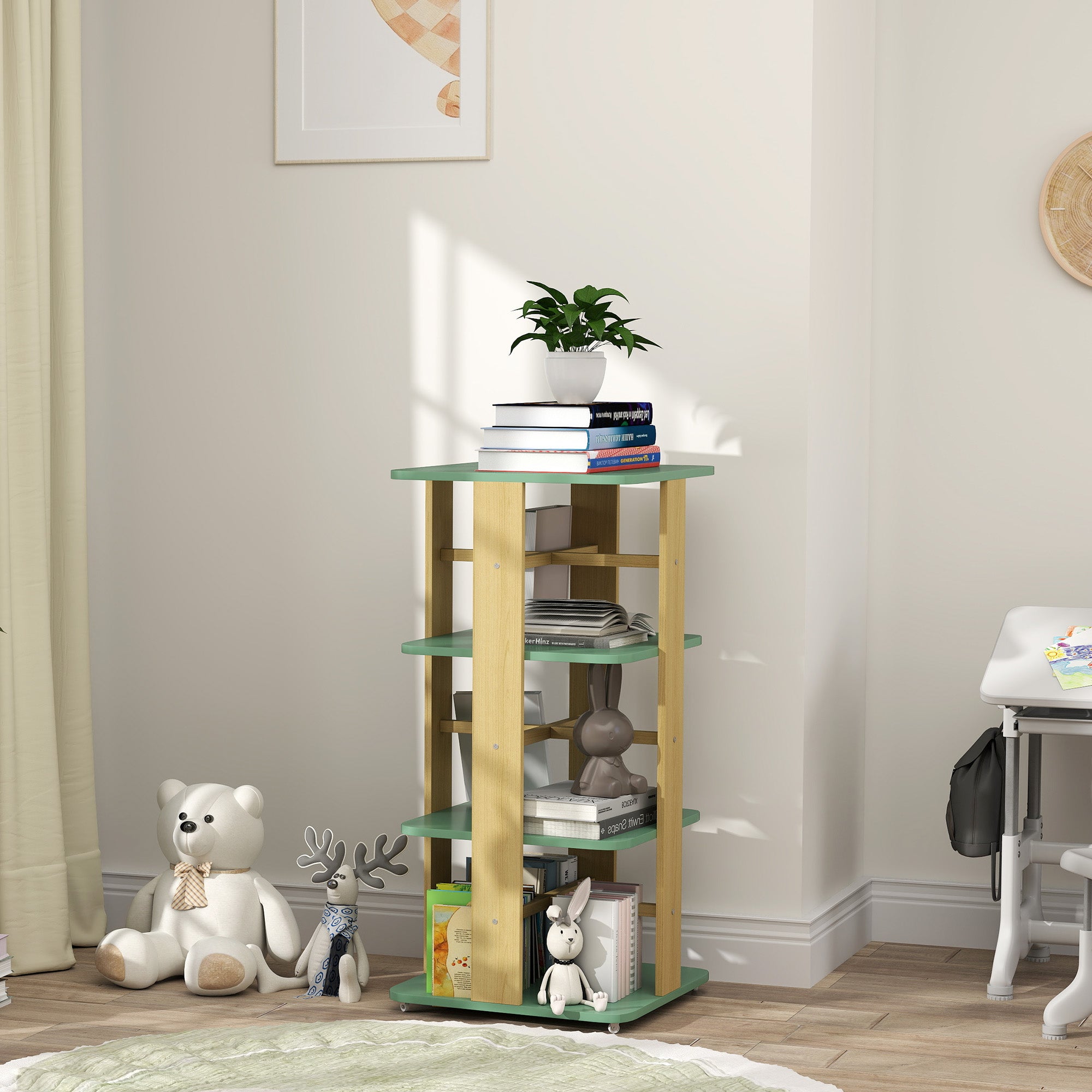 Bibliothèque enfant avec roulettes, rangement livre enfant 3 niveaux pour salle de jeux, chambre d'enfant, vert