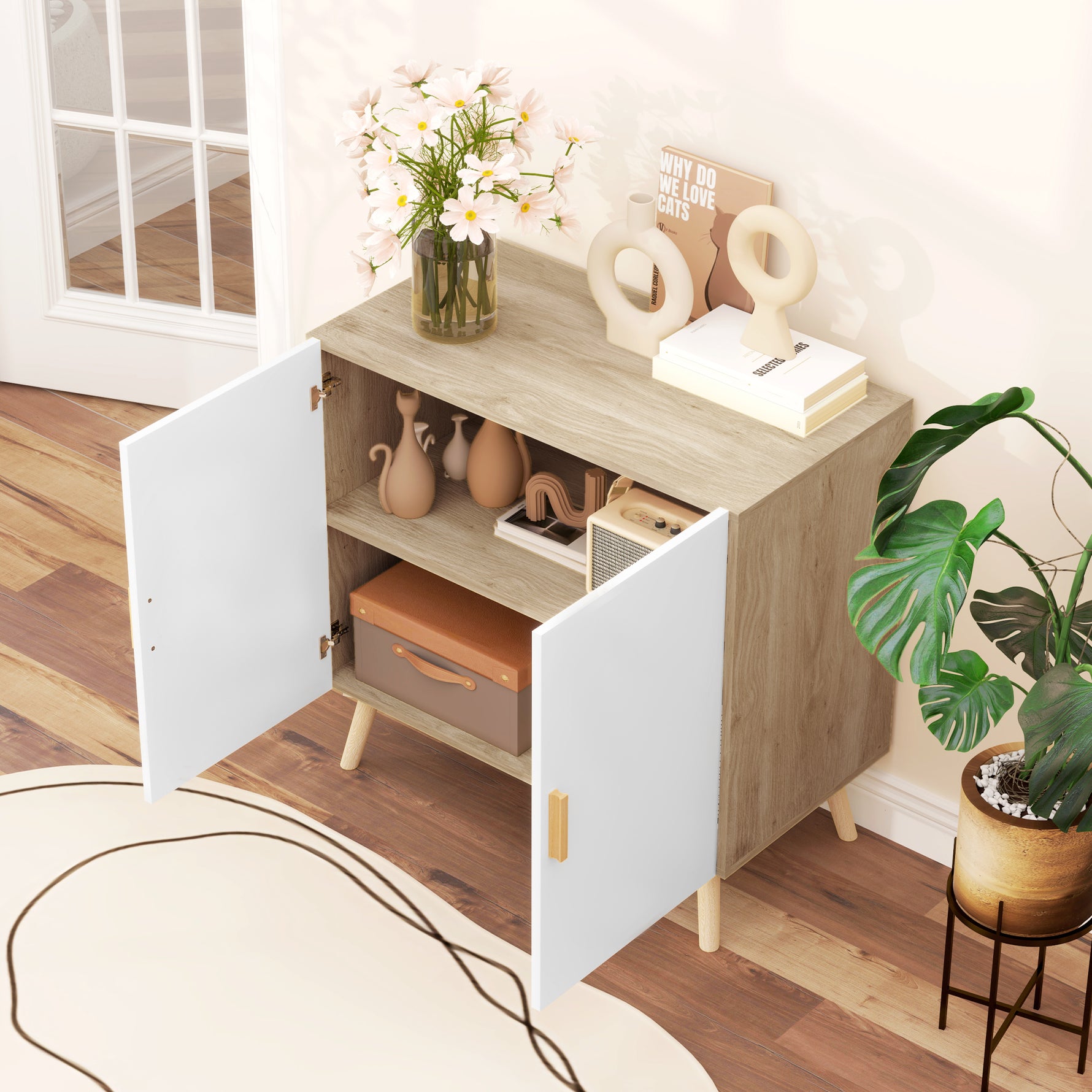 Buffet meuble de rangement avec poignées en bambou étagère ajustable base surélevée 76 x 41,2 x 74 cm blanc bois naturel