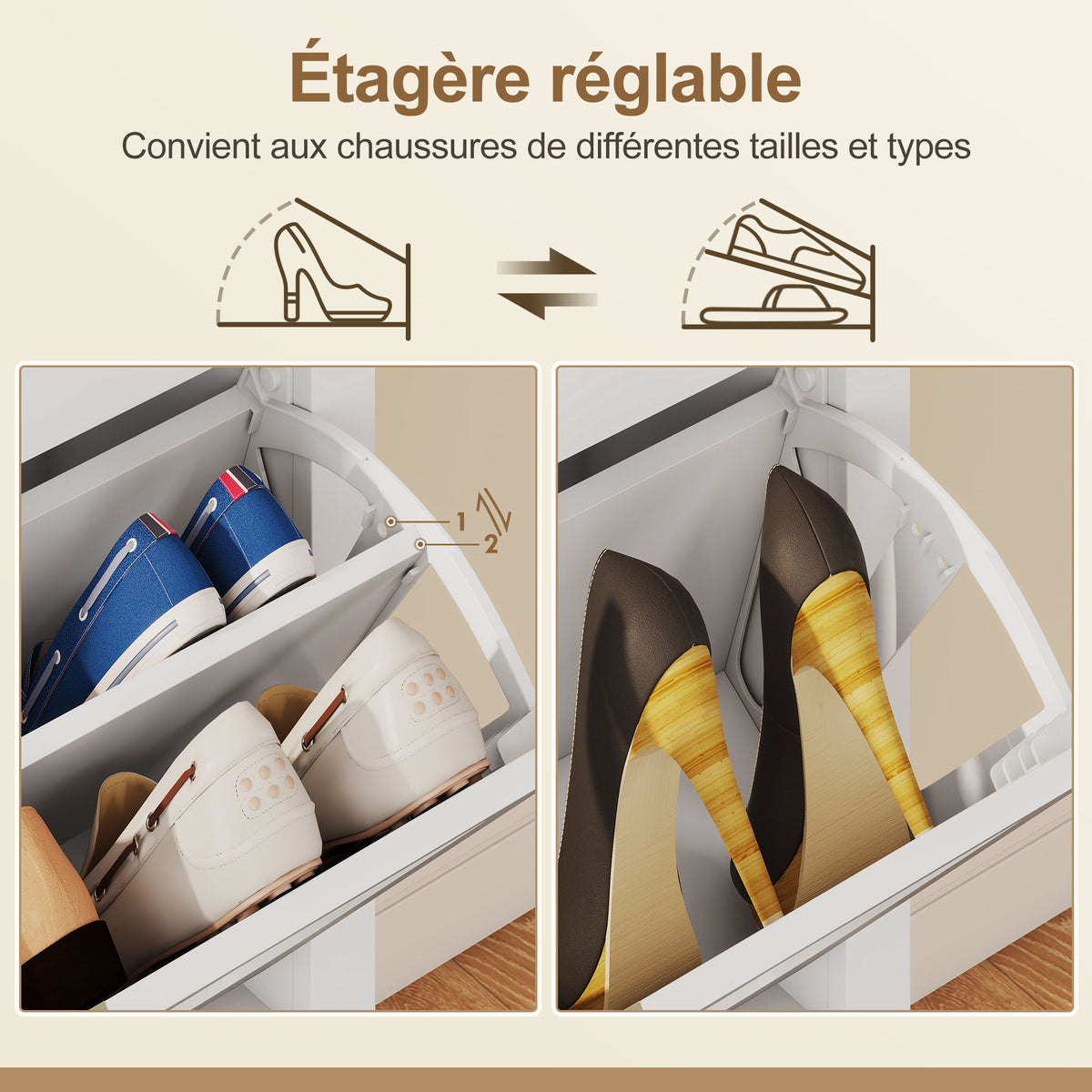 Meuble à chaussures 14 paires bohème avec 2 tiroirs rabattables, portes effet cannage rotin, 80 x 24 x 95,5 cm, blanc