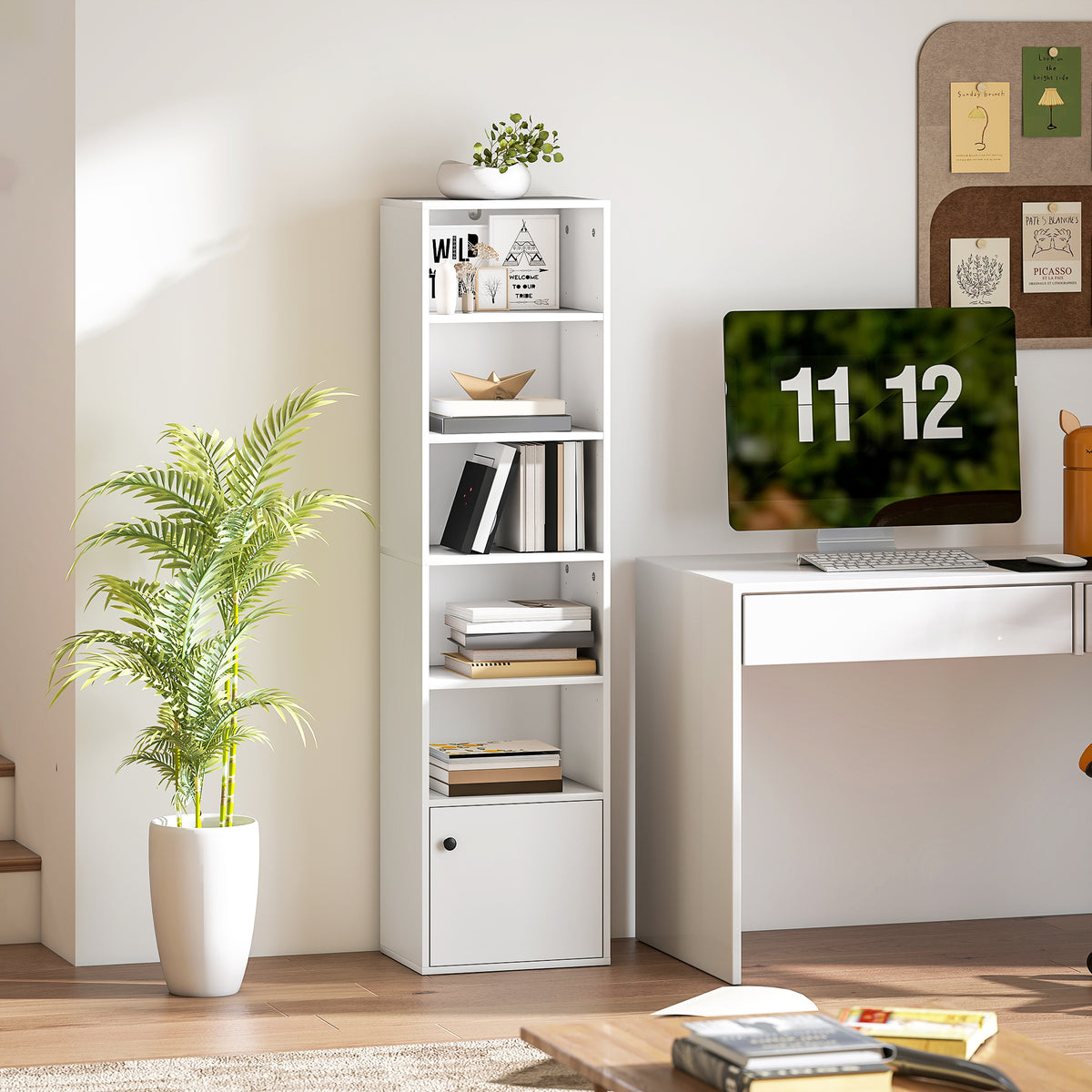 Bibliothèque meuble de rangement 6 niveaux avec 3 étagères réglables et placard, style moderne 40 x 30 x 156 cm blanc