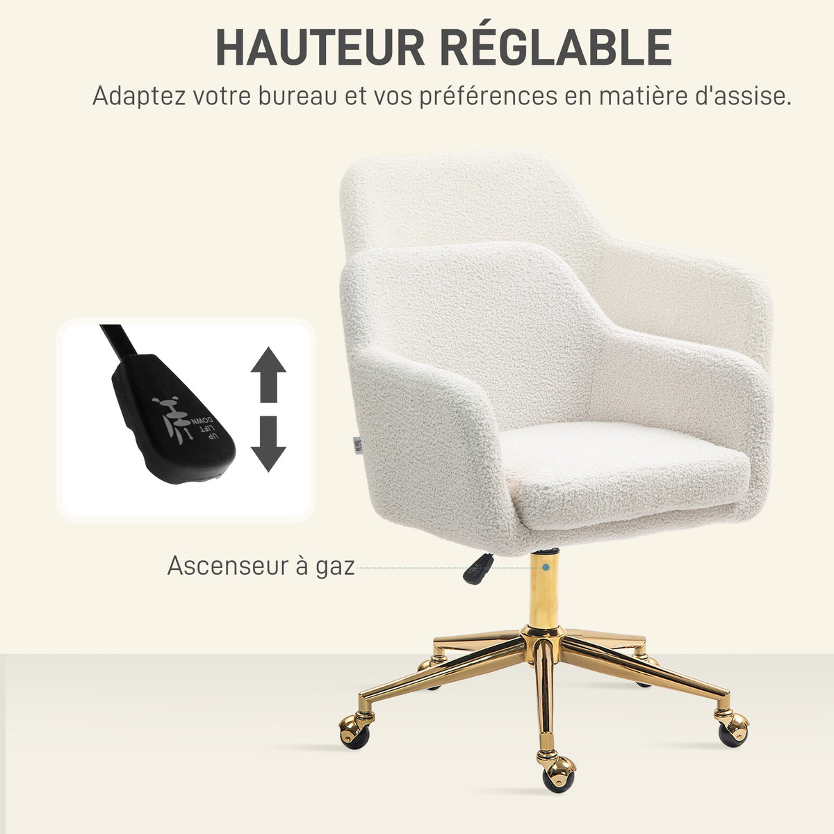 Chaise de bureau fauteuil de bureau avec roulettes hauteur réglable assise pivotante à 360° 60 x 61 x 79-88 cm crème