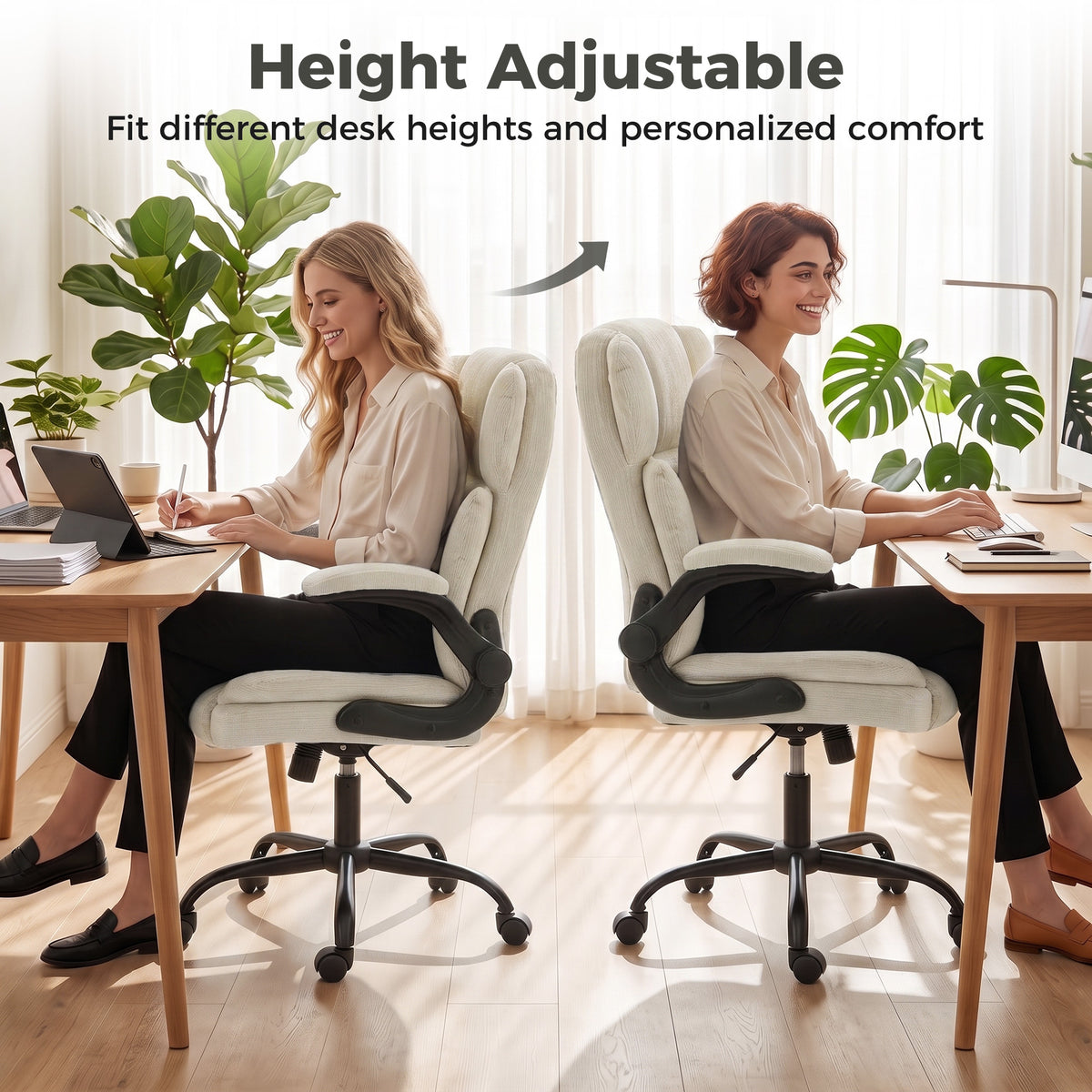 Chaise de Bureau Ergonomique en Chenille, Fonction Bascule, Accoudoirs Relevables, Hauteur Réglable, 70x67x108cm, Beige