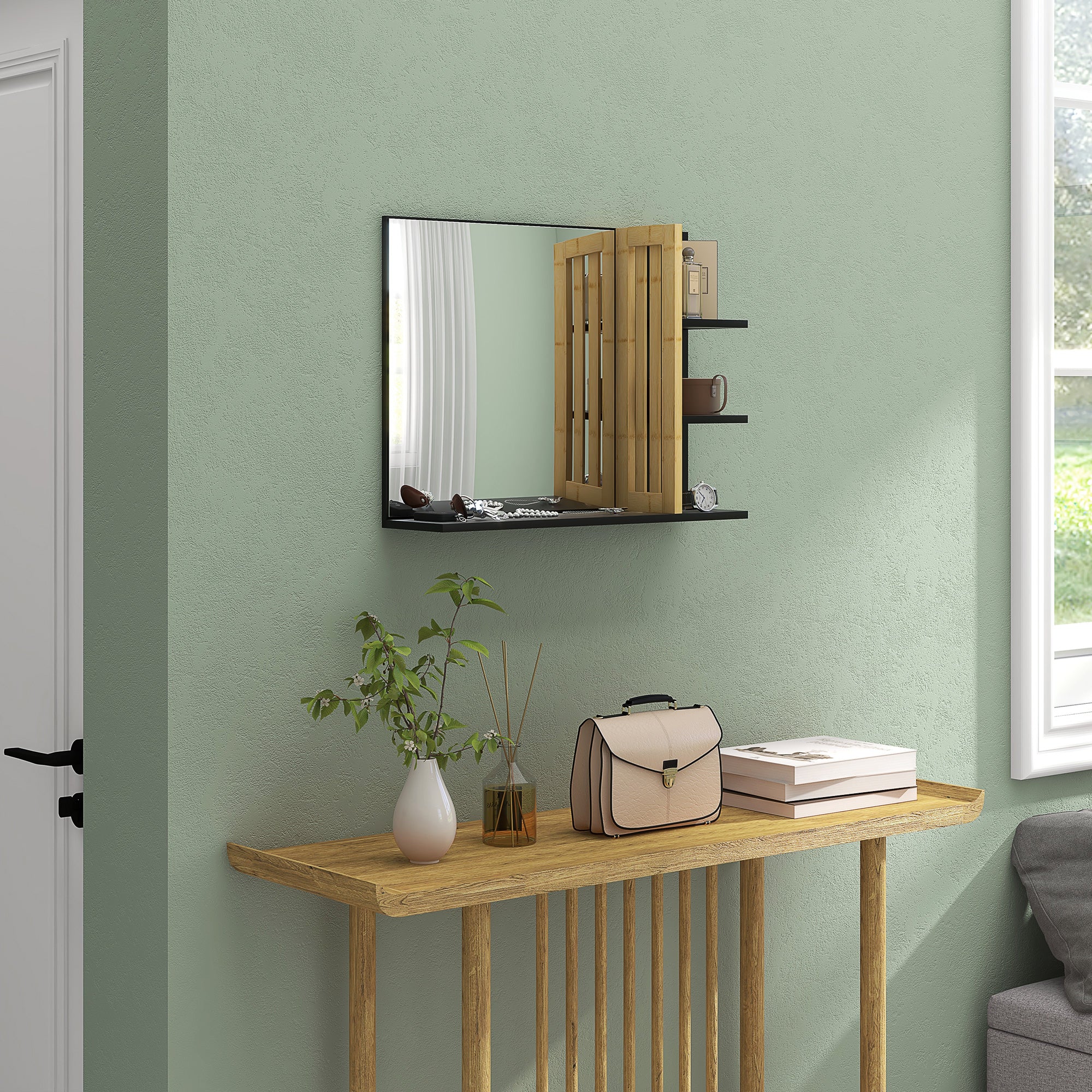 Miroir mural de salle de bain avec étagères de rangement - 3 étagères latérales + 1 étagère inférieure - bois de bambou