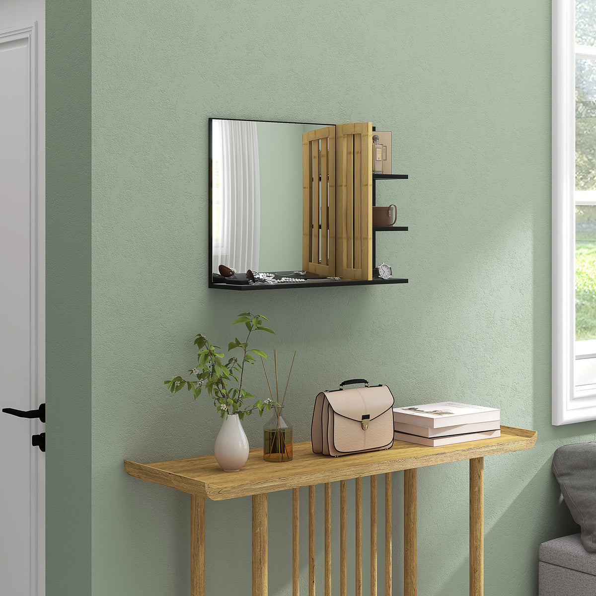 Miroir mural de salle de bain avec étagères de rangement - 3 étagères latérales + 1 étagère inférieure - bois de bambou