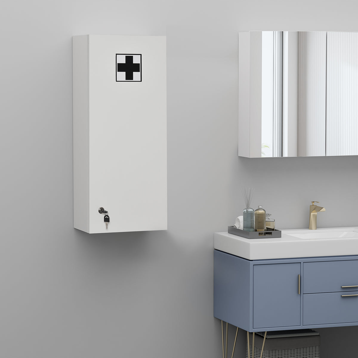 Armoire à pharmacie murale avec serrure, 5 étagères et tablettes réglables, bois et verre, blanc, 30x20x70cm