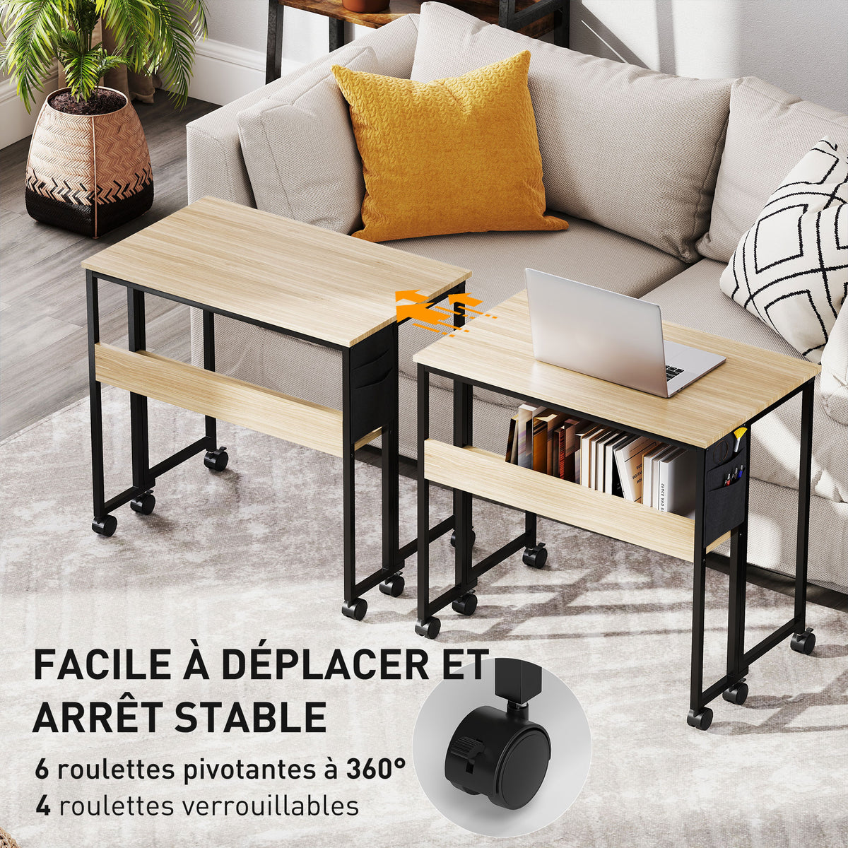 Bureau pliable sur roulettes 80 x 50 cm avec étagère et sac de rangement, chêne