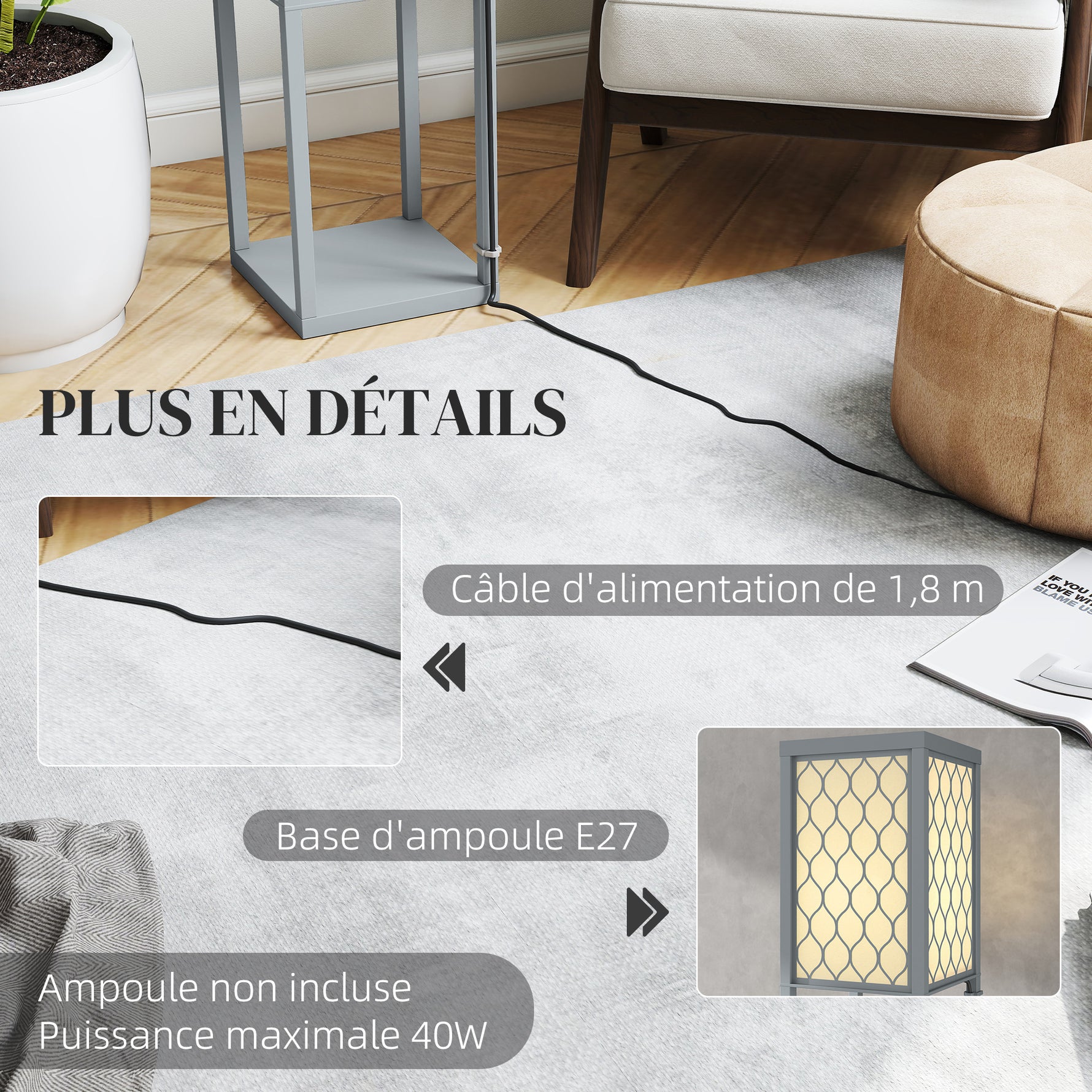 Lampadaire avec étagères, lampadaire sur pied de salon 3 niveaux, interrupteur à tirette 26 x 26 x 160 cm, gris et blanc