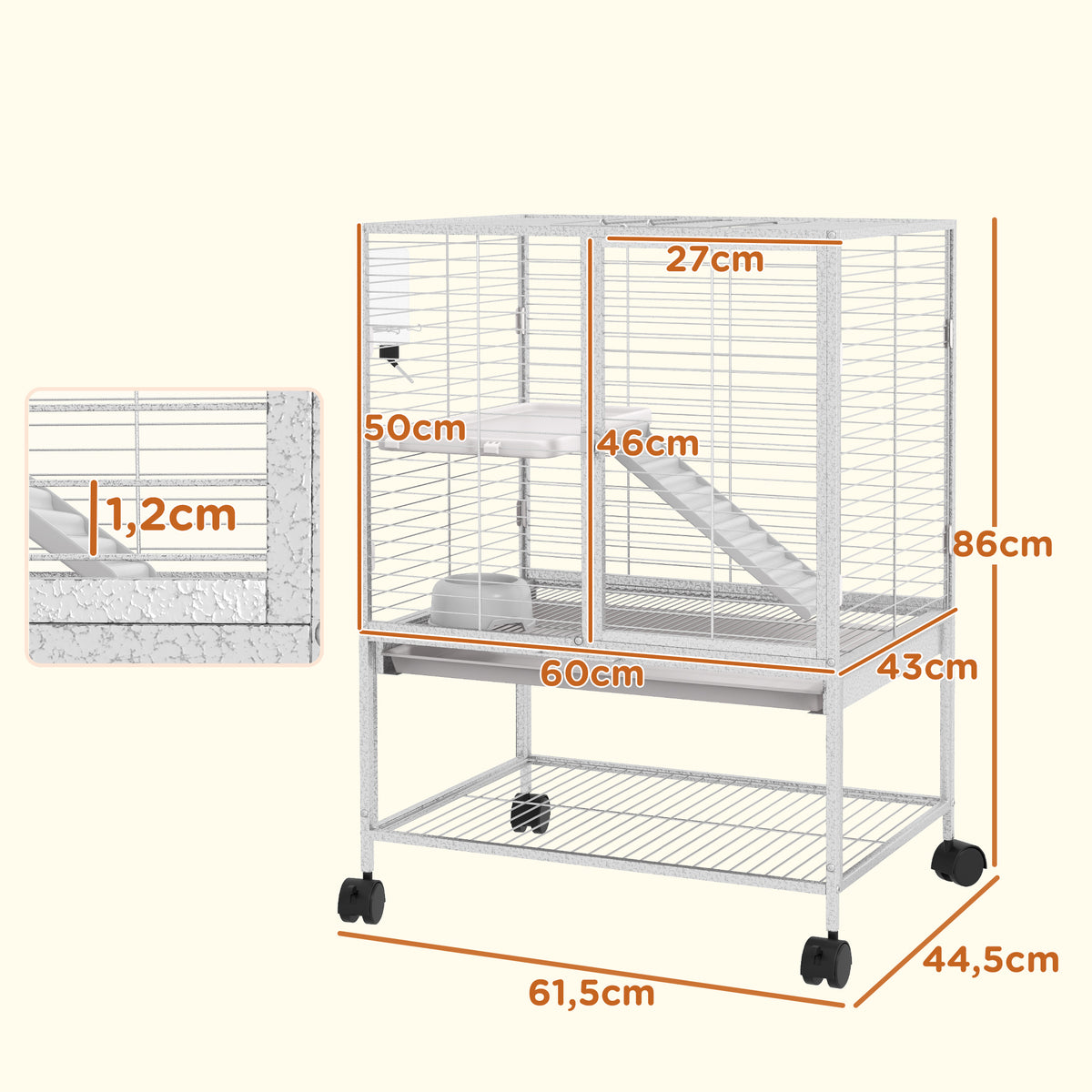 Cage pour petits animaux sur roulettes 2 niveaux avec 2 portes, 1 rampe, 1 étagère de rangement 61,5 x 44,5 x 86 cm gris