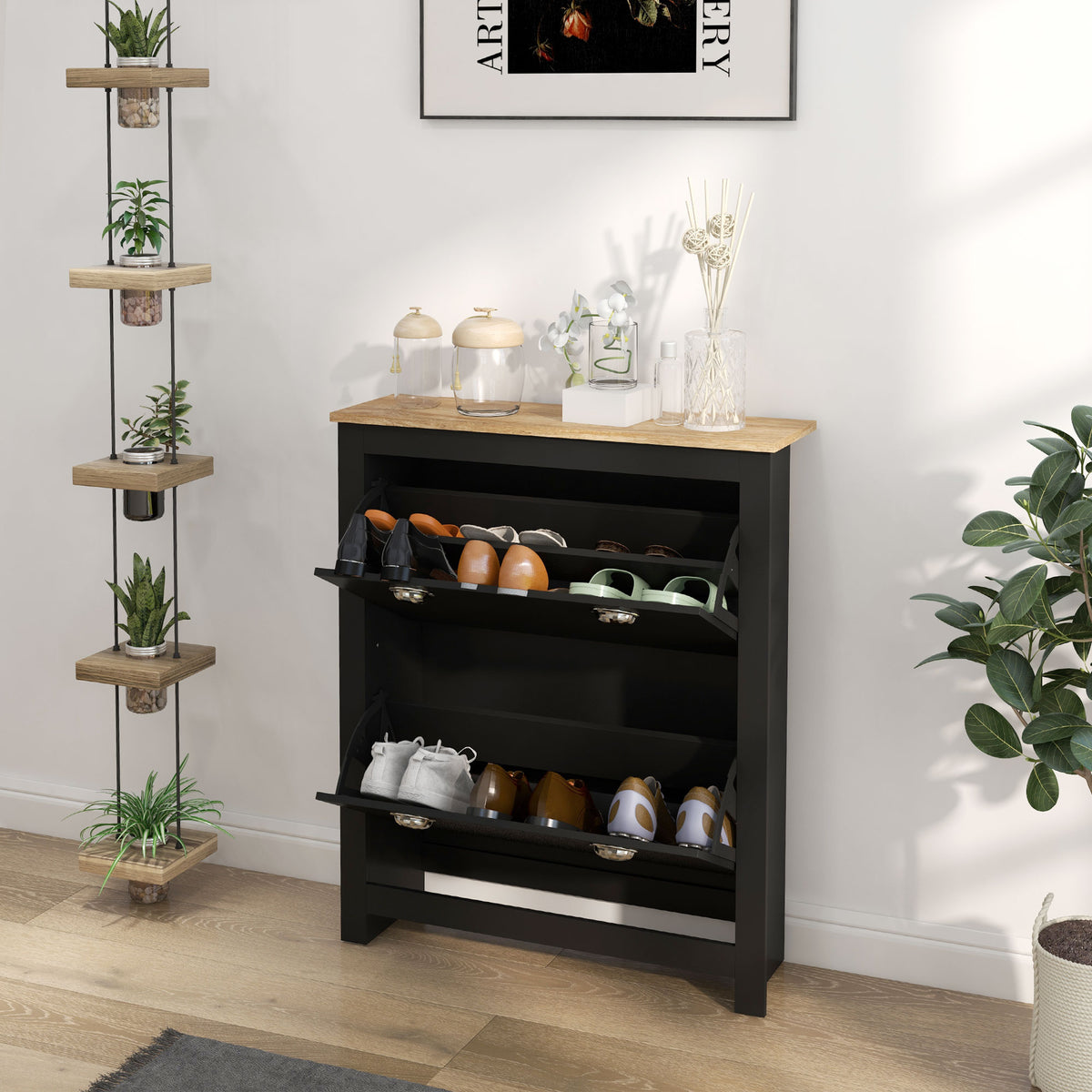 Zapatero 2 puertas abatibles 2 compartimentos tiradores tipo concha metal 79 x 23 x 90,5 cm negro roble