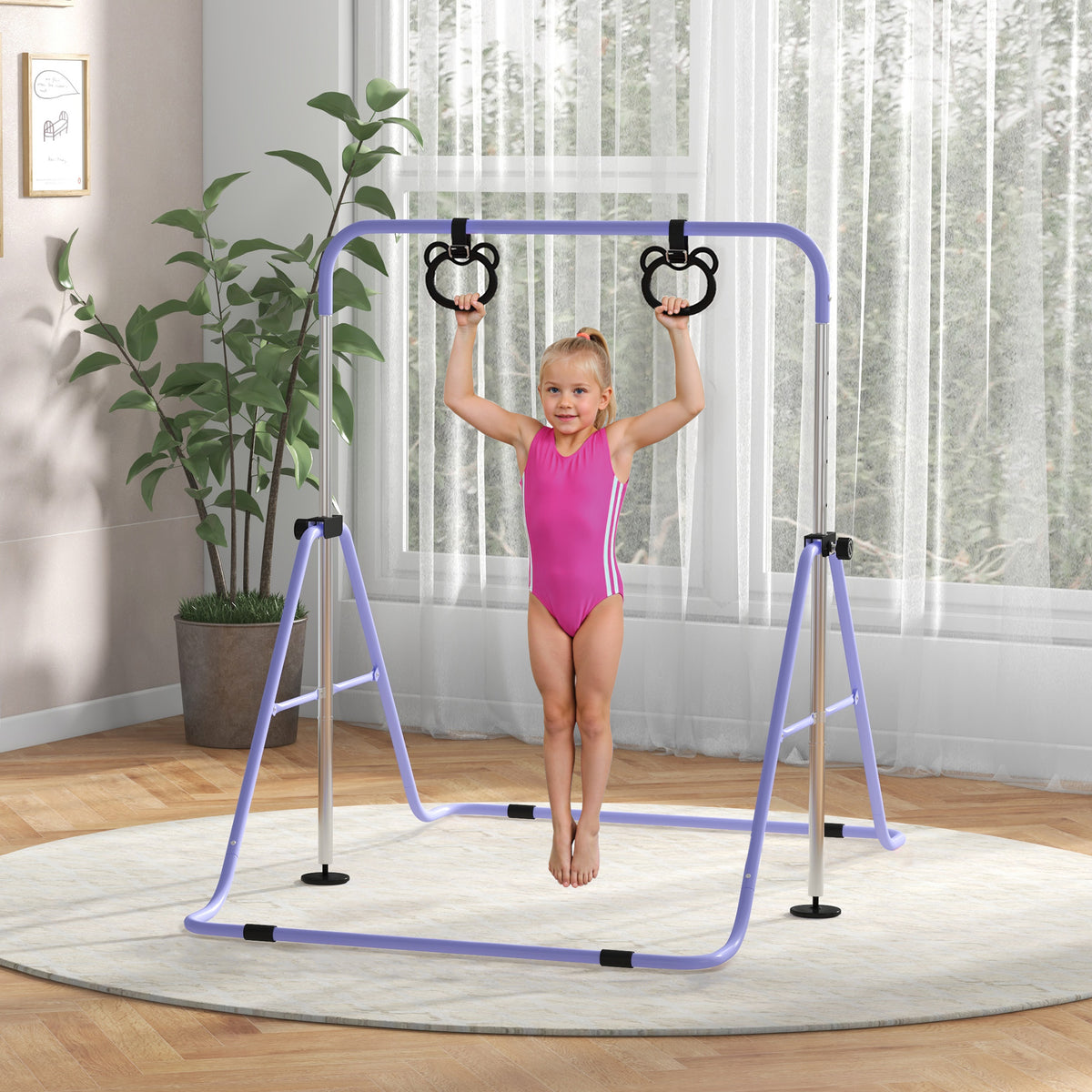 Gymnastikstange für Kinder, klappbare, höhenverstellbare Reckstange mit Turnringen, violett