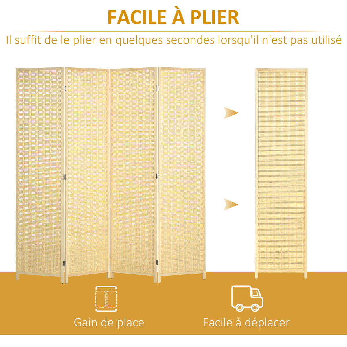 Paravent en bois séparateur de pièce closion de séparation pliable 4 panneaux 180 x 180 cm naturel
