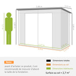 Abri de Jardin 2,7 m², Dim. 249 x 121 x 183 cm gants inclus portes doubles verrouillables ventilations tôle acier gris
