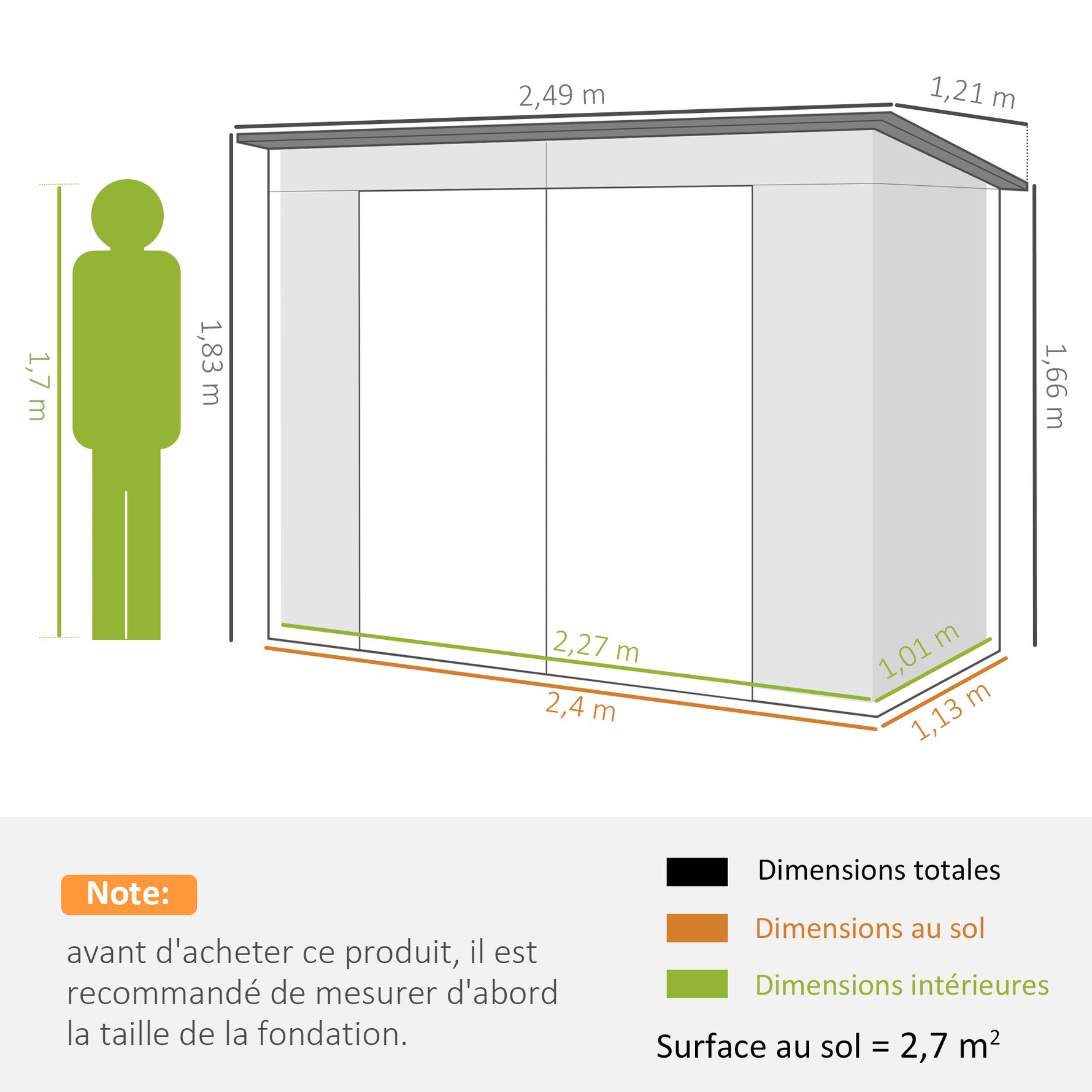 Abri de Jardin 2,7 m², Dim. 249 x 121 x 183 cm gants inclus portes doubles verrouillables ventilations tôle acier gris