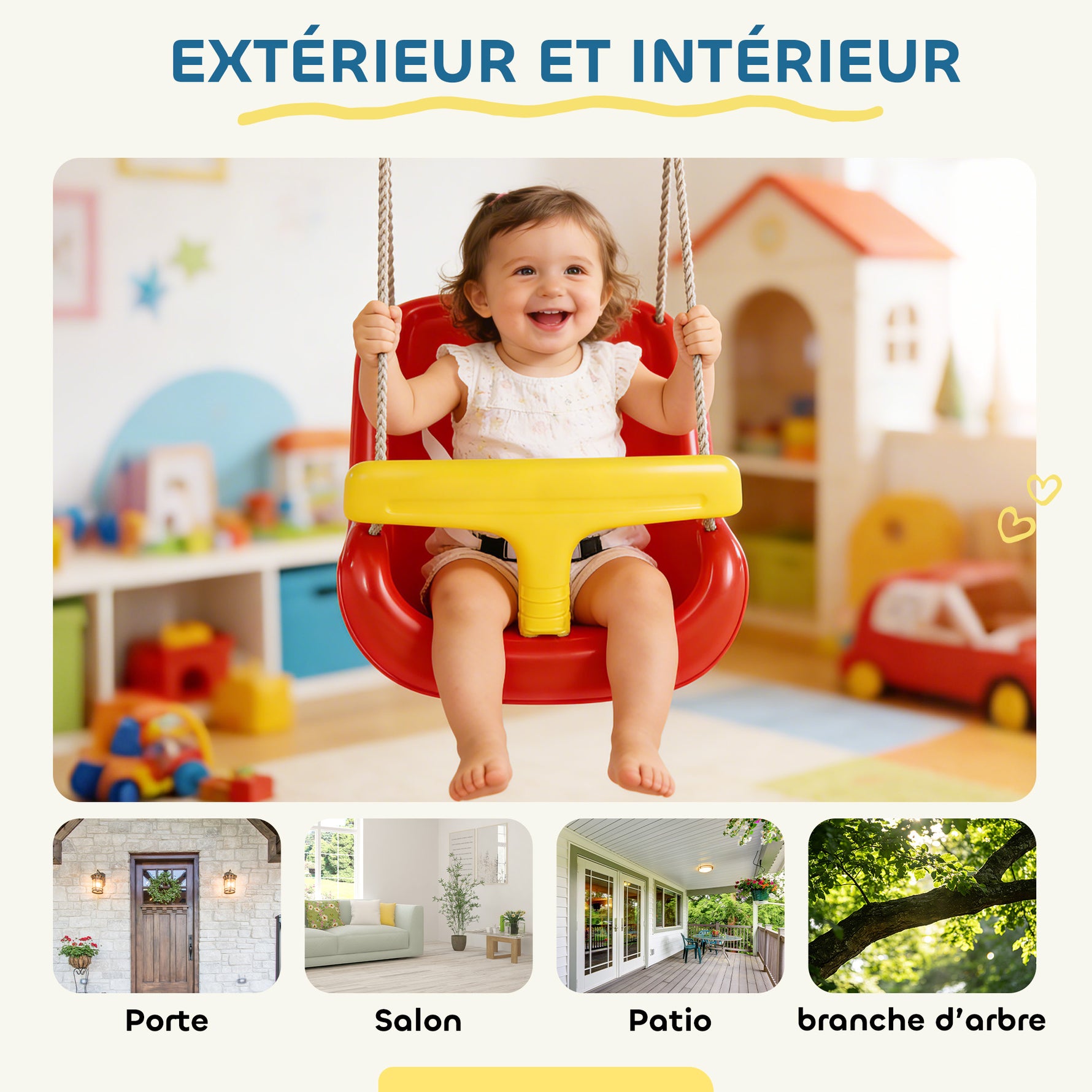 Balançoire pour enfants, balançoire bébé extérieure, dossier haut, barre de sécurité, hauteur ajustable, rouge et jaune