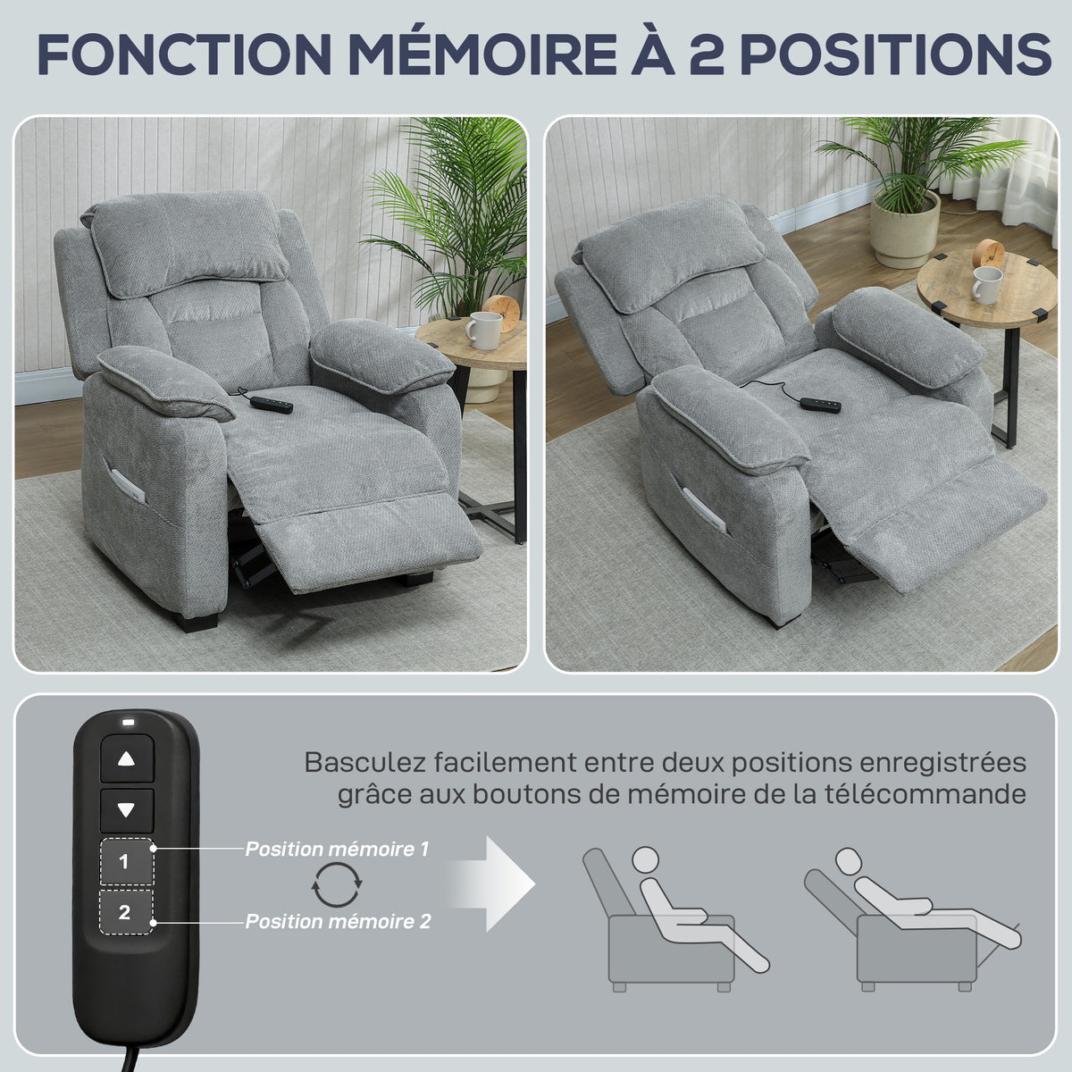Sillón relax eléctrico, sillón reclinable, puerto USB, reposapiés, bolsillos laterales, mando a distancia, 86x90x103cm, gris claro