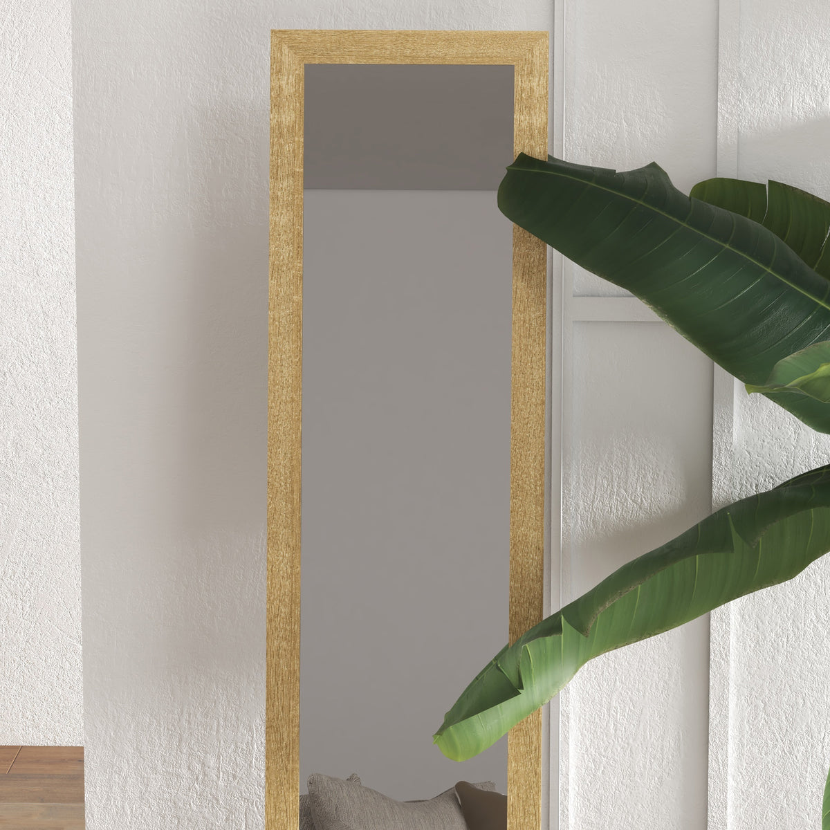 Miroir sur pied mural ou à poser rectangulaire avec cadre en bois pour salon chambre à coucher 37 x 155 cm marron clair