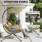 Fauteuil suspendu en résine tressée avec support, chaise suspendue, coussin, attache de sécurité, hauteur réglable, gris