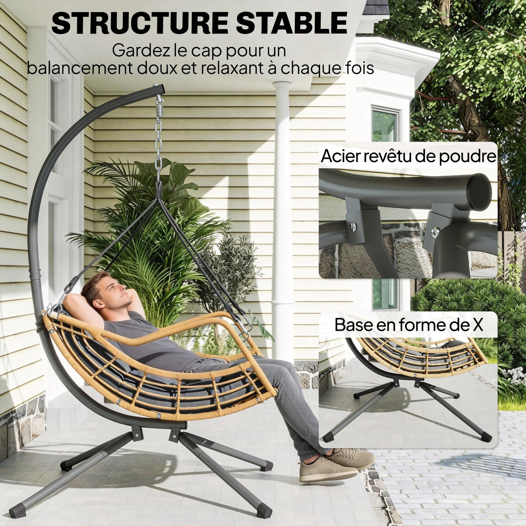 Fauteuil suspendu en résine tressée avec support, chaise suspendue, coussin, attache de sécurité, hauteur réglable, gris