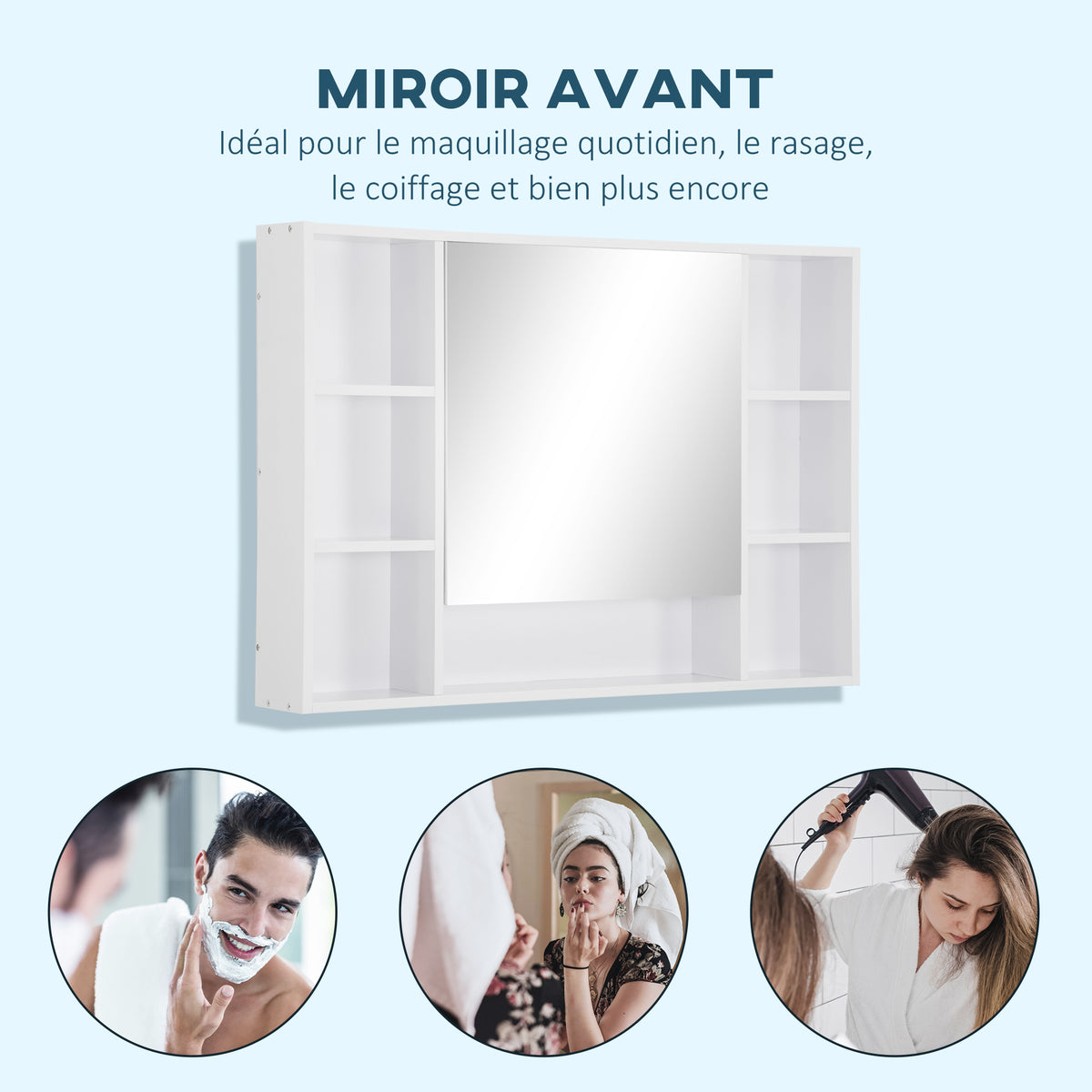 Armoire murale salle de bain avec miroir, meuble salle de bain, 7 étagères ouvertes et placard,100 x 15 x 70 cm, blanc