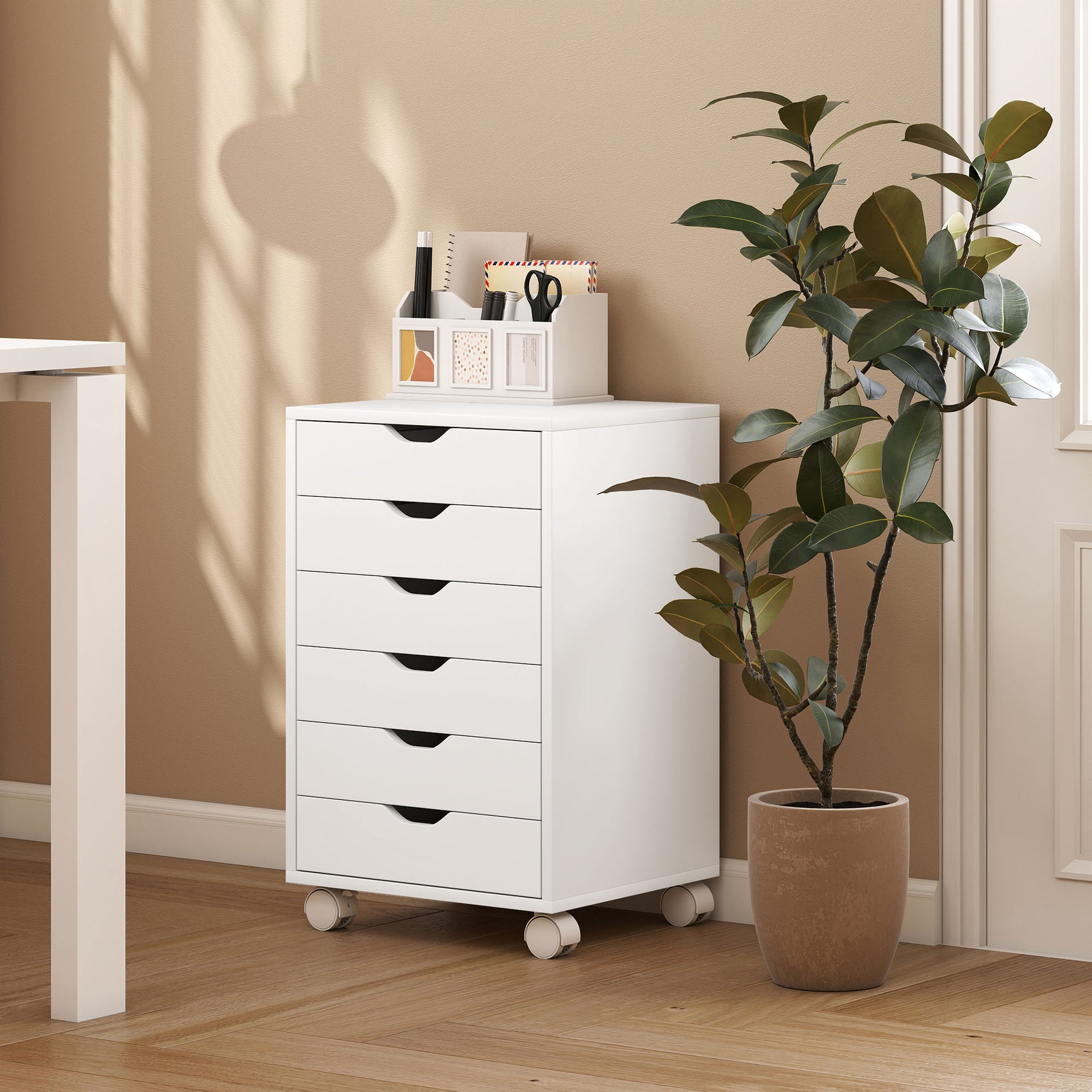 Caisson de Bureau Mobile avec 6 Tiroirs Silencieux, Caisson de Rangement sur Roulettes,  40 x 35 x 63 cm, Blanc