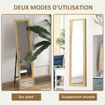 Miroir sur pied mural ou à poser rectangulaire avec cadre en bois pour salon chambre à coucher 37 x 155 cm marron clair