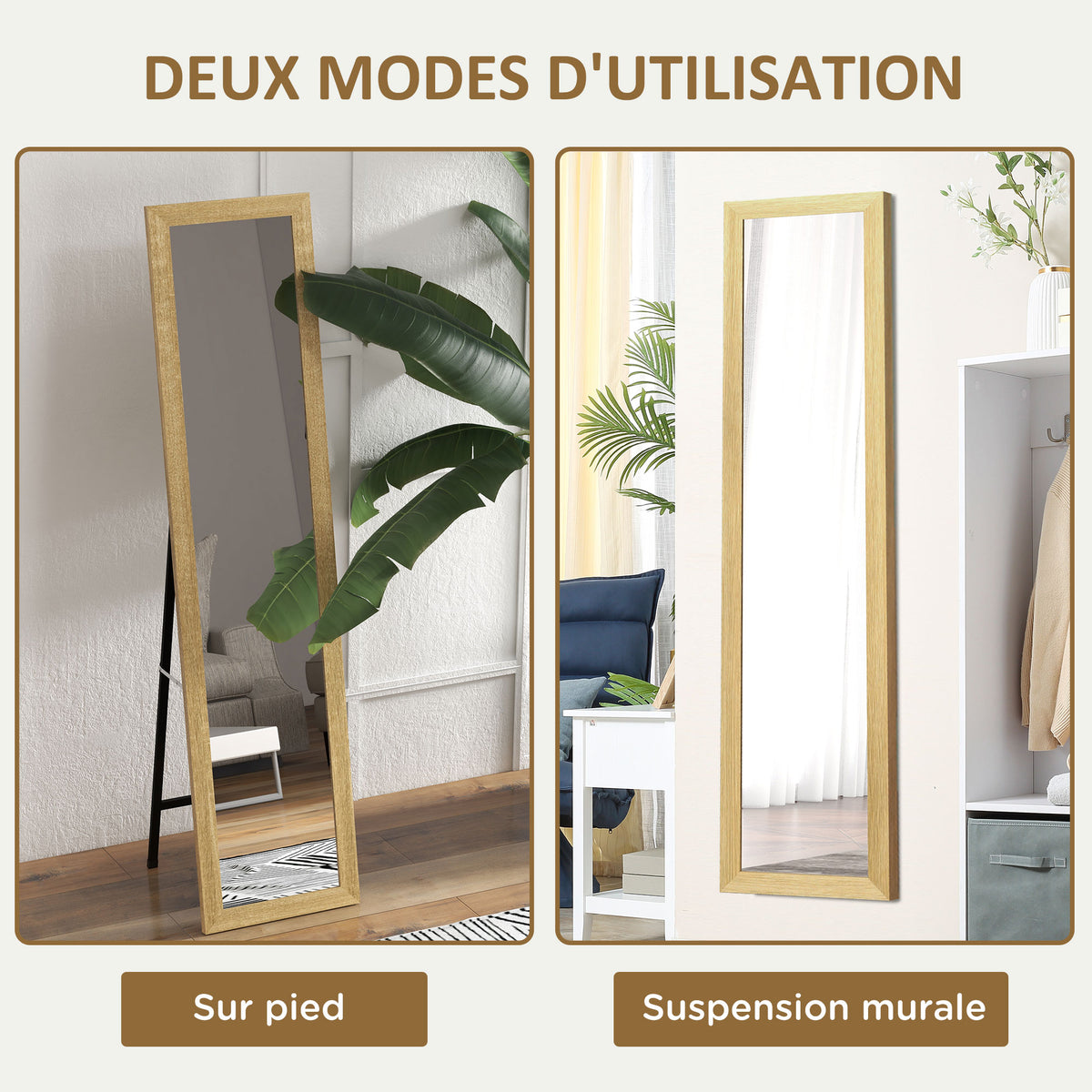 Miroir sur pied mural ou à poser rectangulaire avec cadre en bois pour salon chambre à coucher 37 x 155 cm marron clair