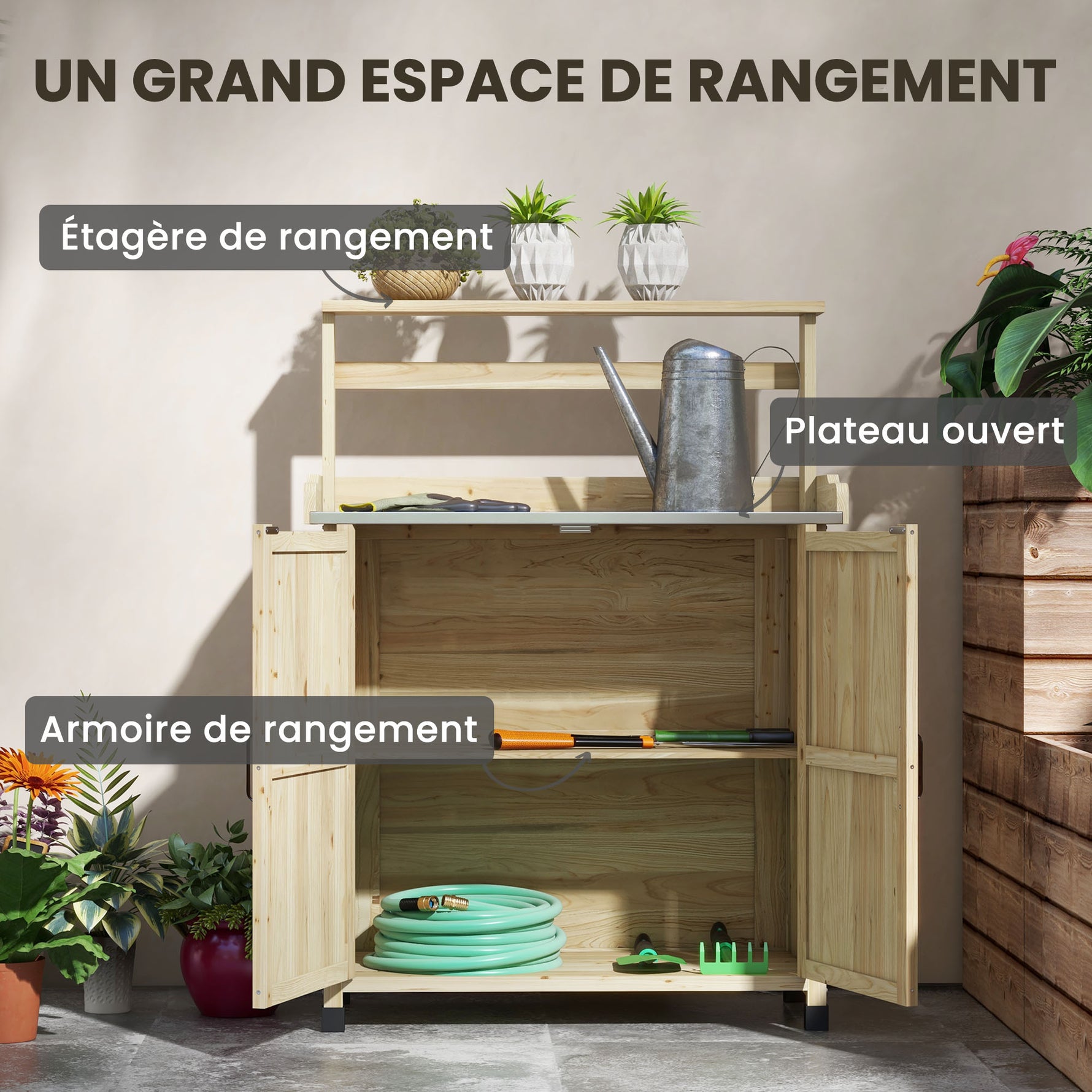 Table de rempotage table de jardinage placard et étagères et plateau patins antidérapants 90,5x41x124,5cm bois naturel