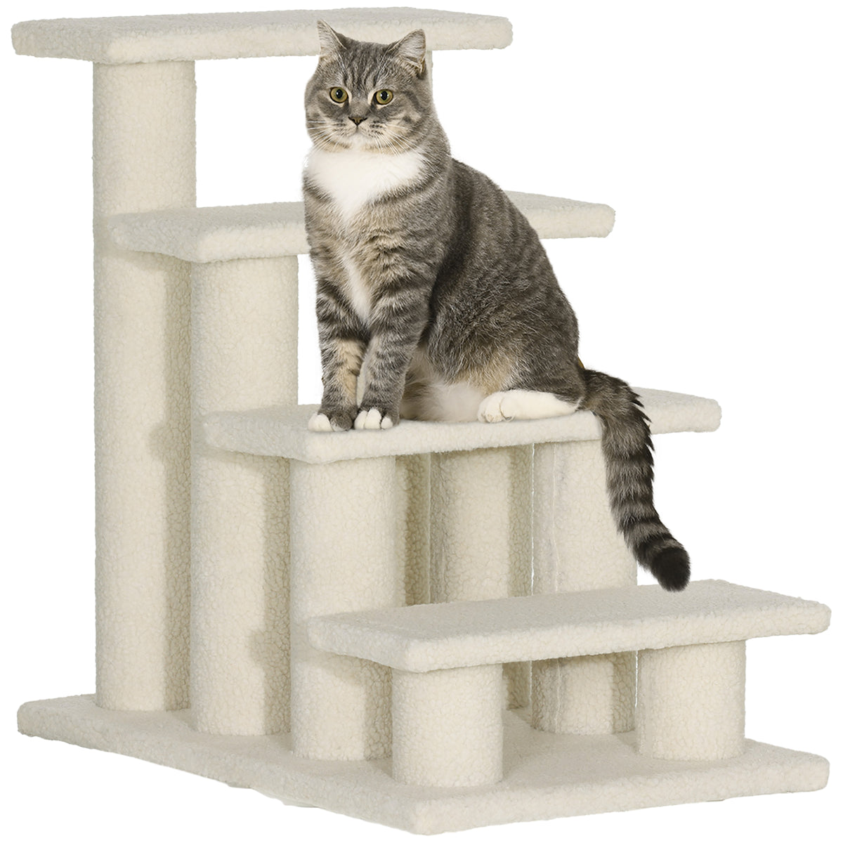 Huisdierentrap met 4 treden, bekleding met bouclé-effect, 61 x 41 x 60 cm, crème