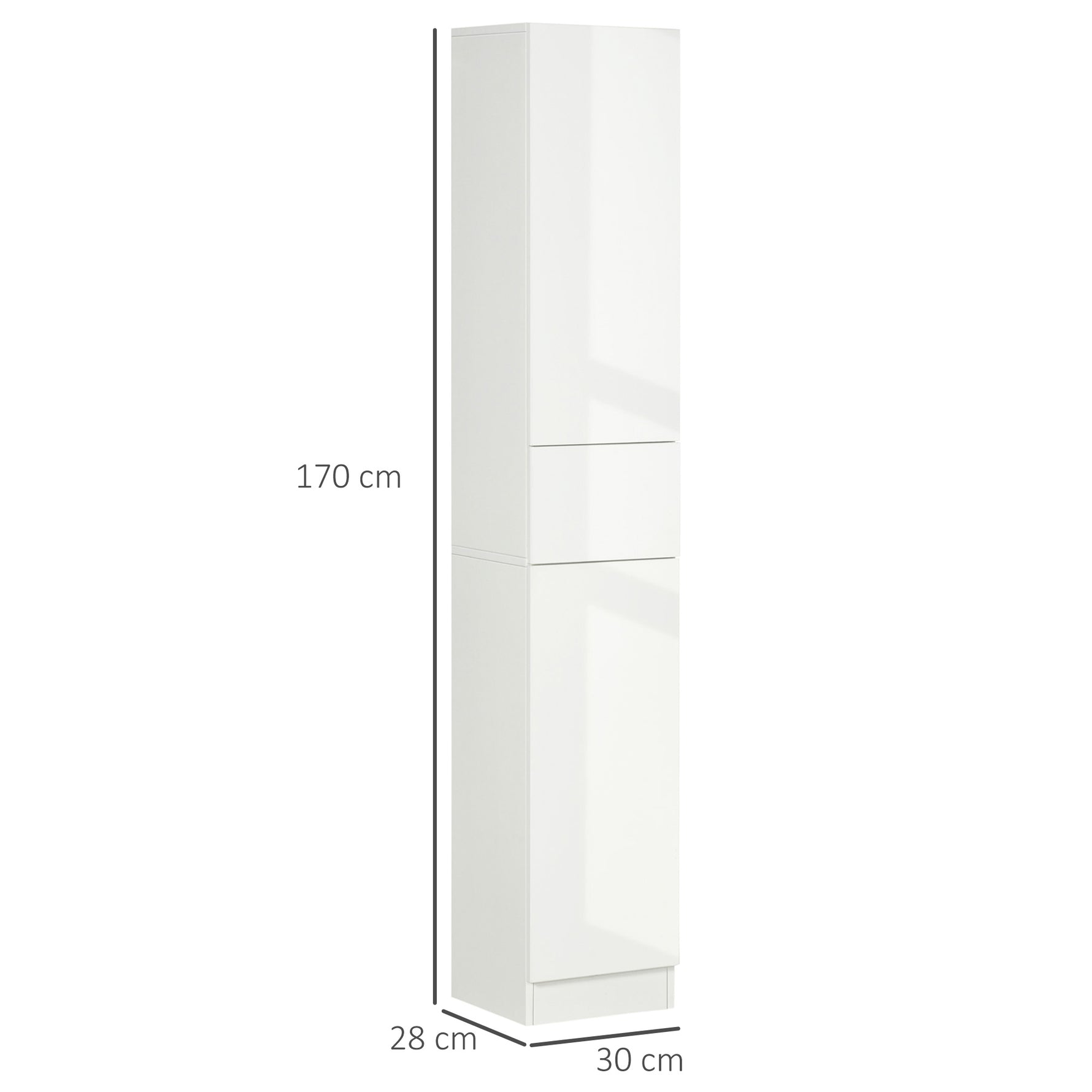 Meuble colonne rangement salle de bain style contemporain 2 placards 3 étagères et 1 tiroir coulissant panneaux particules brillant dim. 30l x 28P x 170H cm blanc laqué