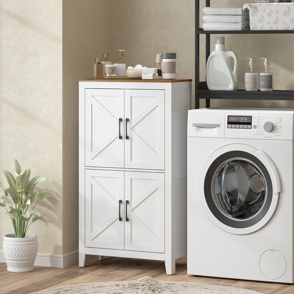 Mobiletto da bagno, mobile contenitore stretto con 4 ante a granaio e ripiani regolabili, bianco