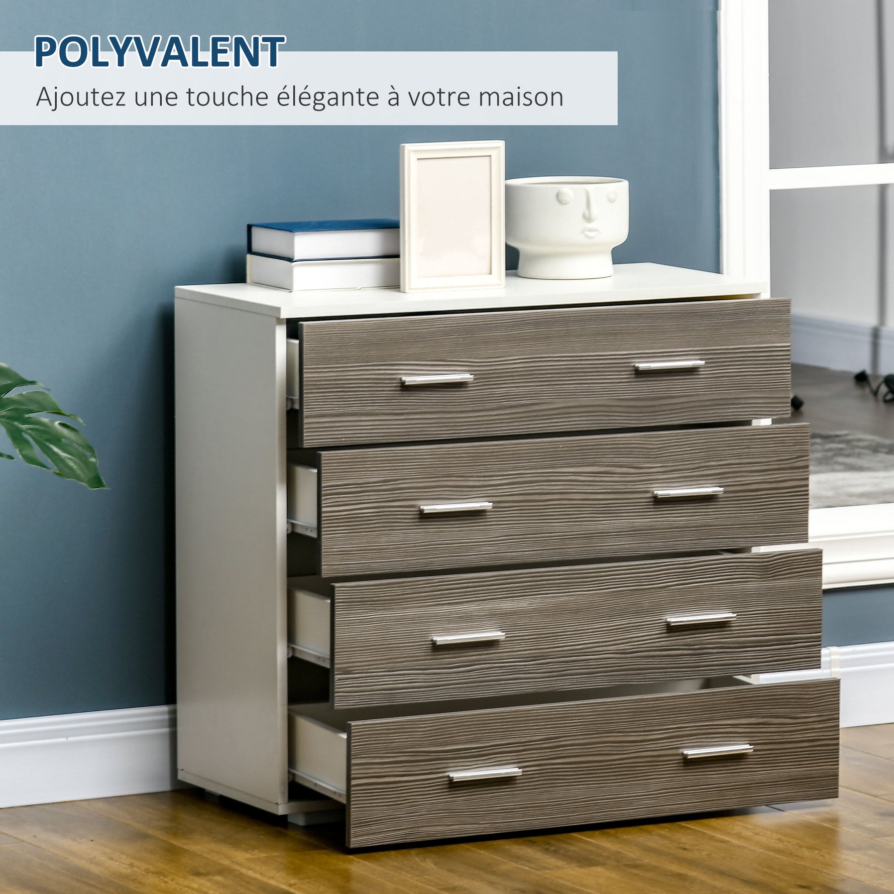 Commode meuble de rangement style contemporain 4 tiroirs 76 x 35 x 72 cm blanc et gris
