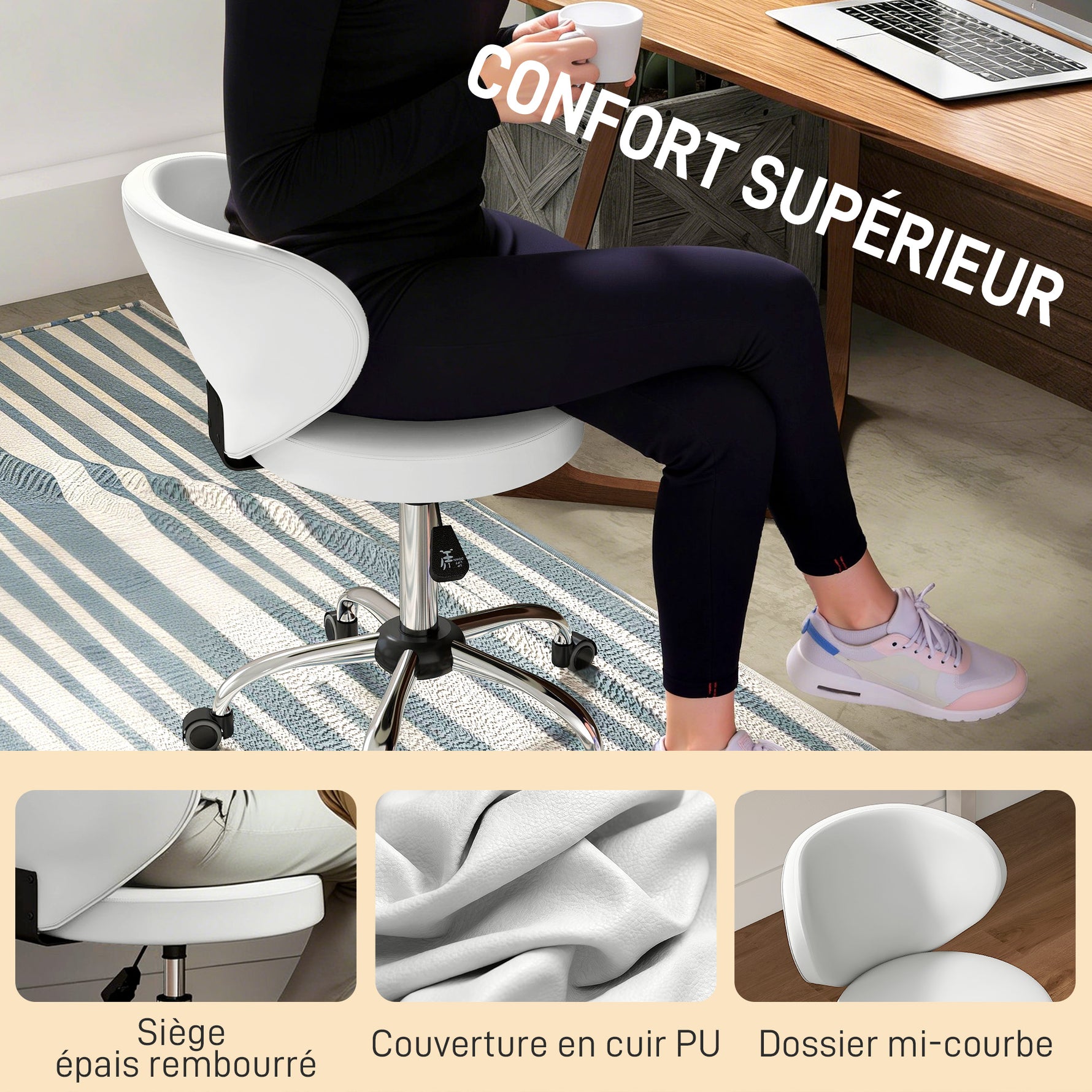 Tabouret à roulettes, tabouret de massage en PU avec hauteur réglable 73-88 cm et dossier, pivotant 360°, blanc