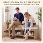 Banc chaussures entrée, banc de rangement, assise rembourrée en lin, 2 tiroirs en rotin et étagère ouverte, chêne