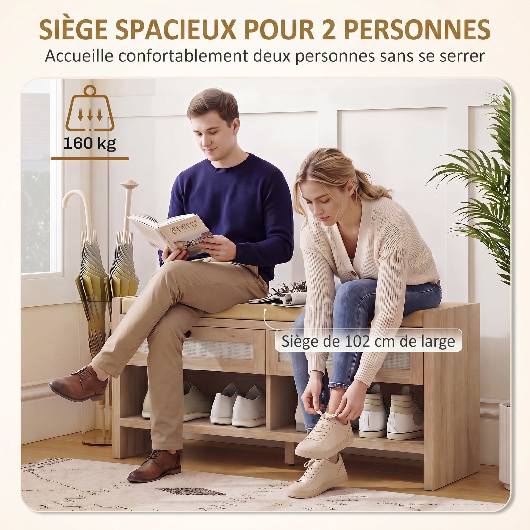 Banc chaussures entrée, banc de rangement, assise rembourrée en lin, 2 tiroirs en rotin et étagère ouverte, chêne