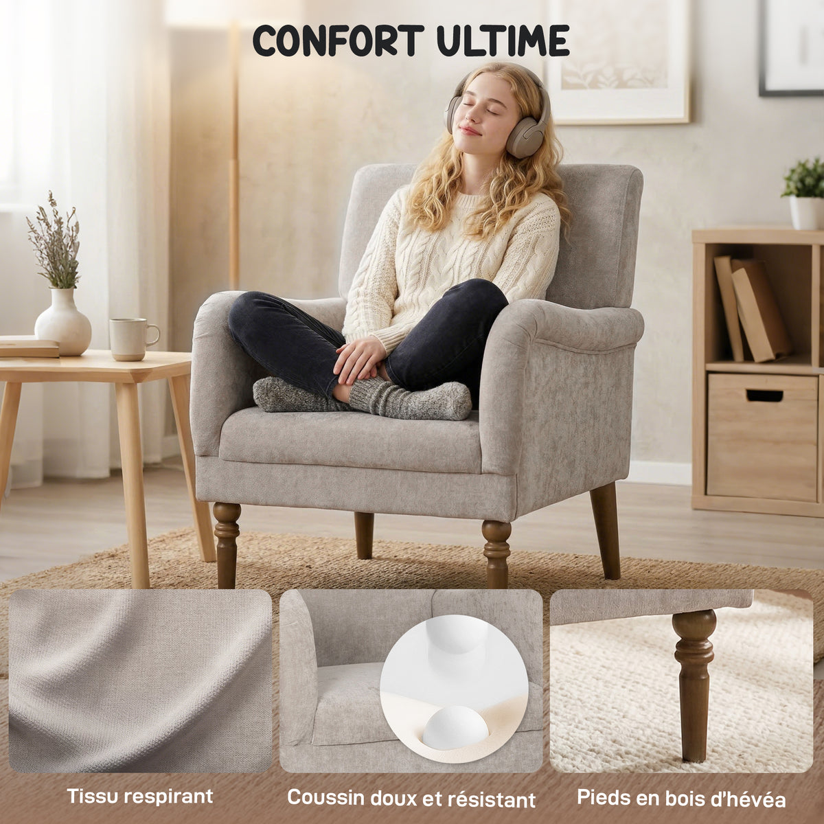 Fauteuil, 1-zitsbank met hoge rugleuning, armleuningen, brede zitting, poten van rubberwood, linnen stof, grijs