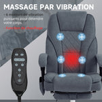 Fauteuil de bureau massant et chauffant hauteur réglable dossier inclinable télécommande repose-pieds rétractable gris