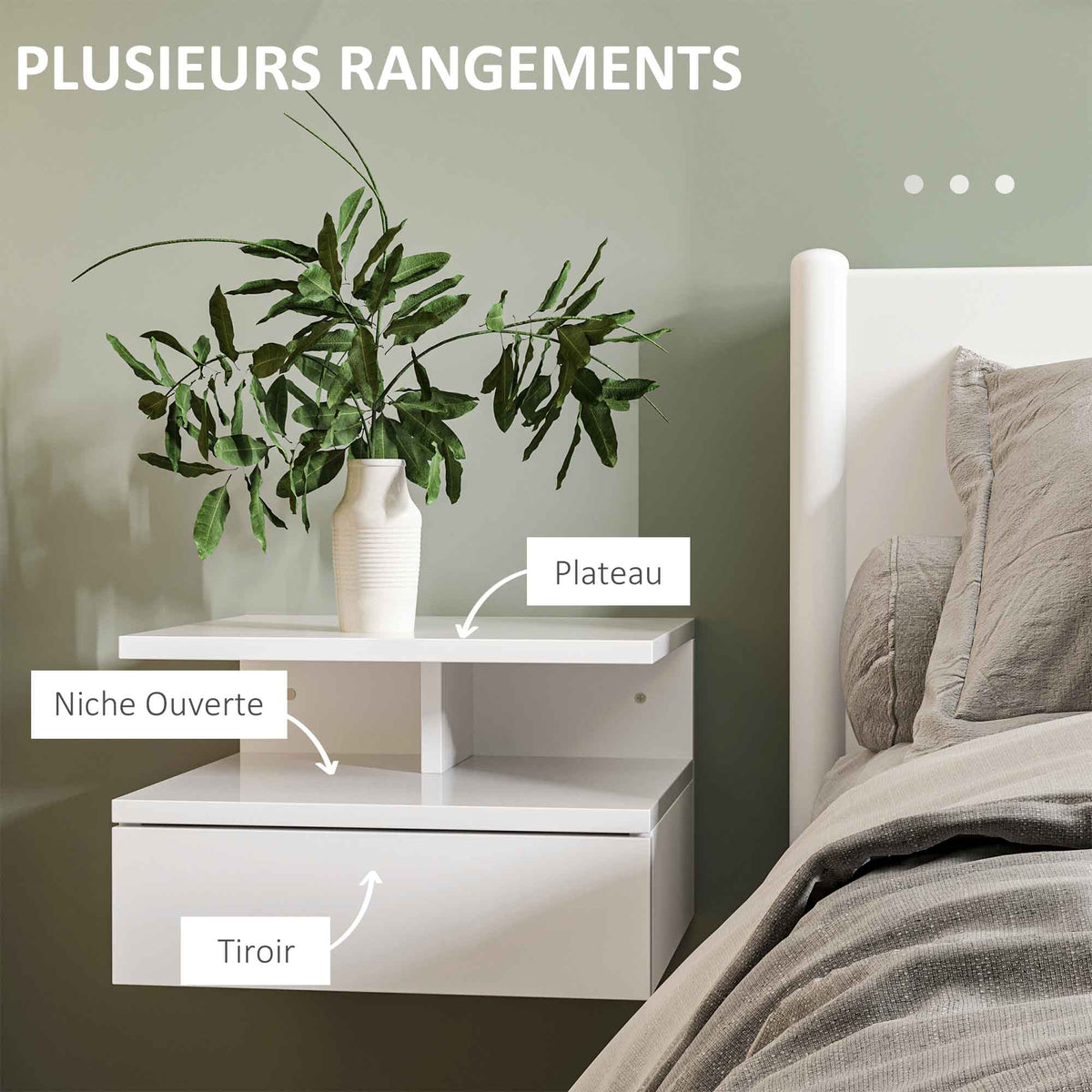 Lot de 2 tables de chevet murales tables de nuit tiroir coulissant, niche, plateau, 35 x 32 x 22,5 cm blanc