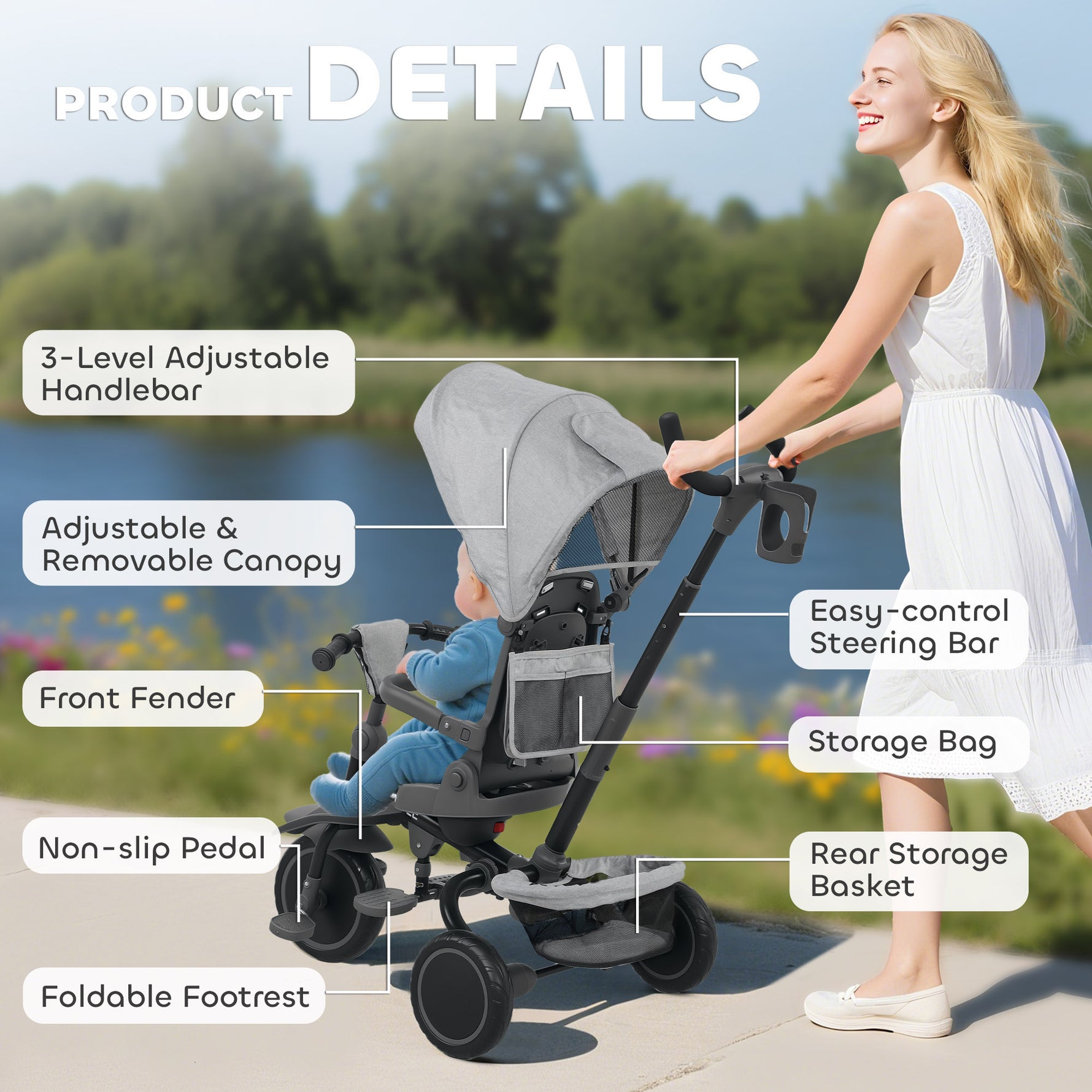 Tricycle bébé évolutif 6 en 1, tricycle enfant pliable avec poignée parentale réglable, siège pivotant 360°, gris