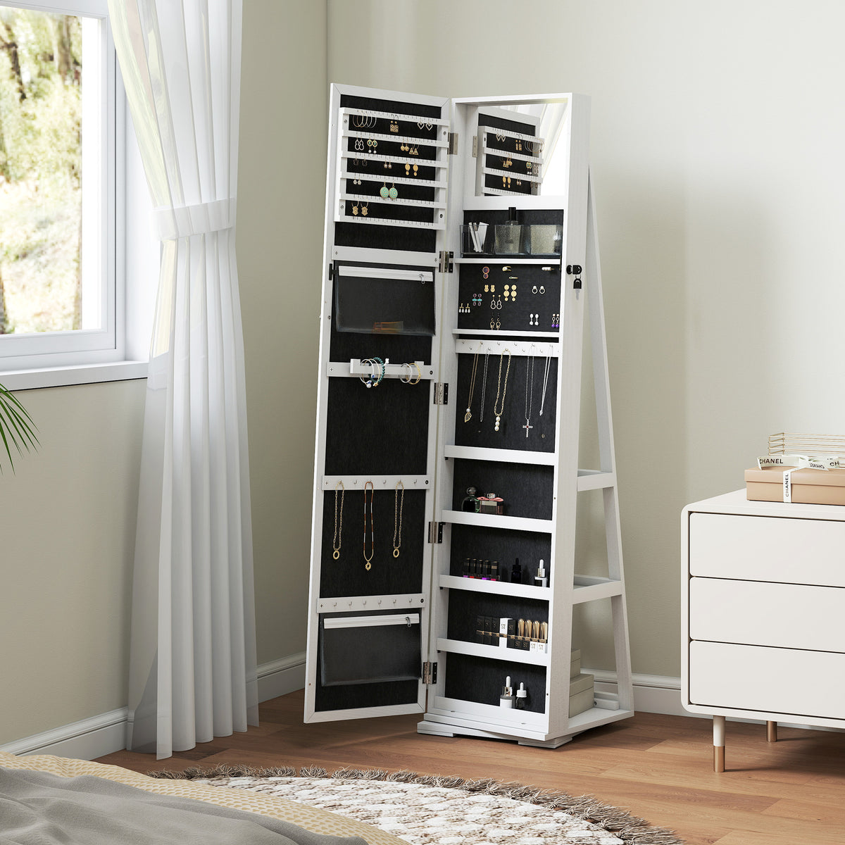 Lockable Swivel Jewelry Armoire with Mirror - Multi-Storage Jewelry Cabinet - White Wood