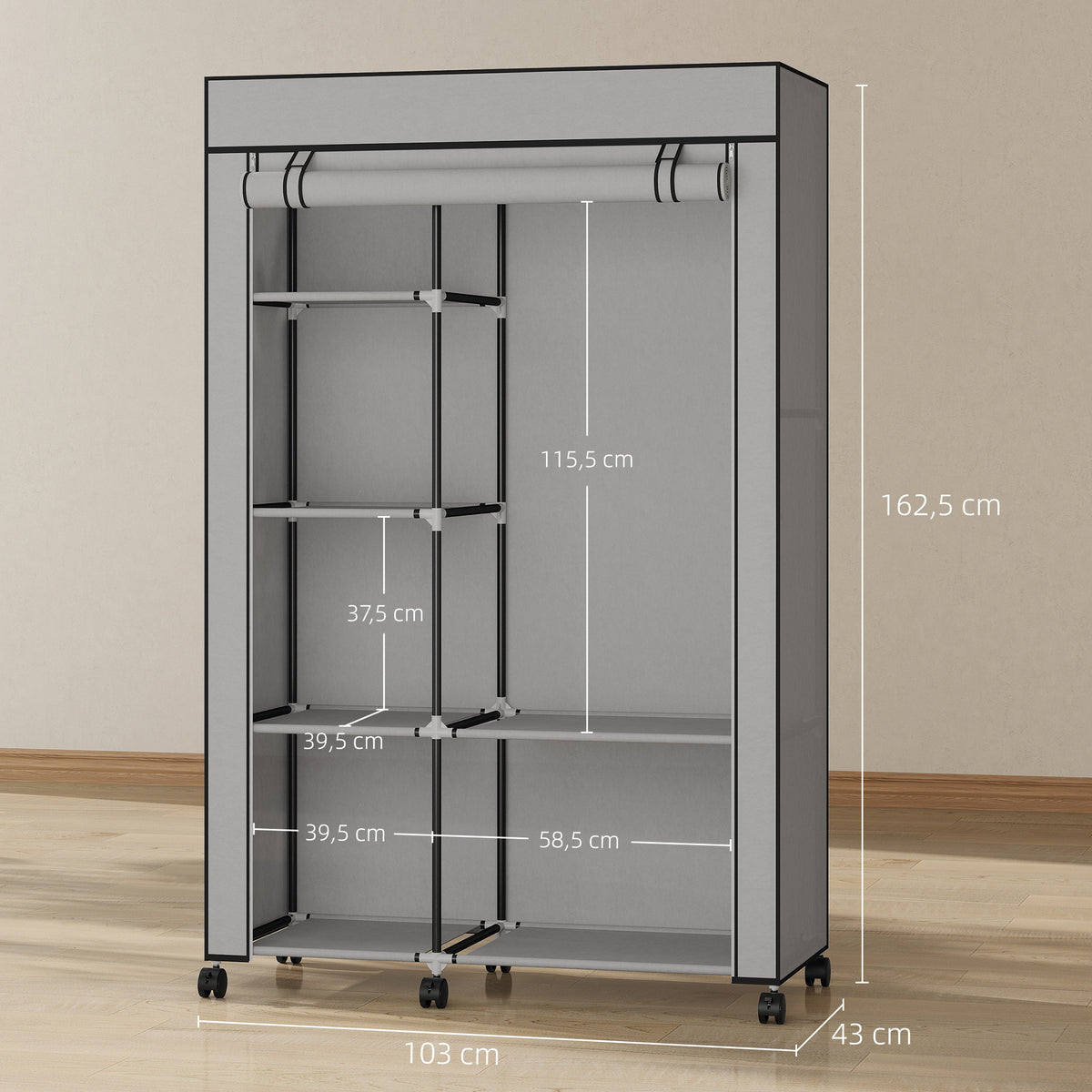 Armadio guardaroba in tessuto mobile contenitore 6 ruote asta appendiabiti e ripiani a giorno 103x43x162,5cm grigio
