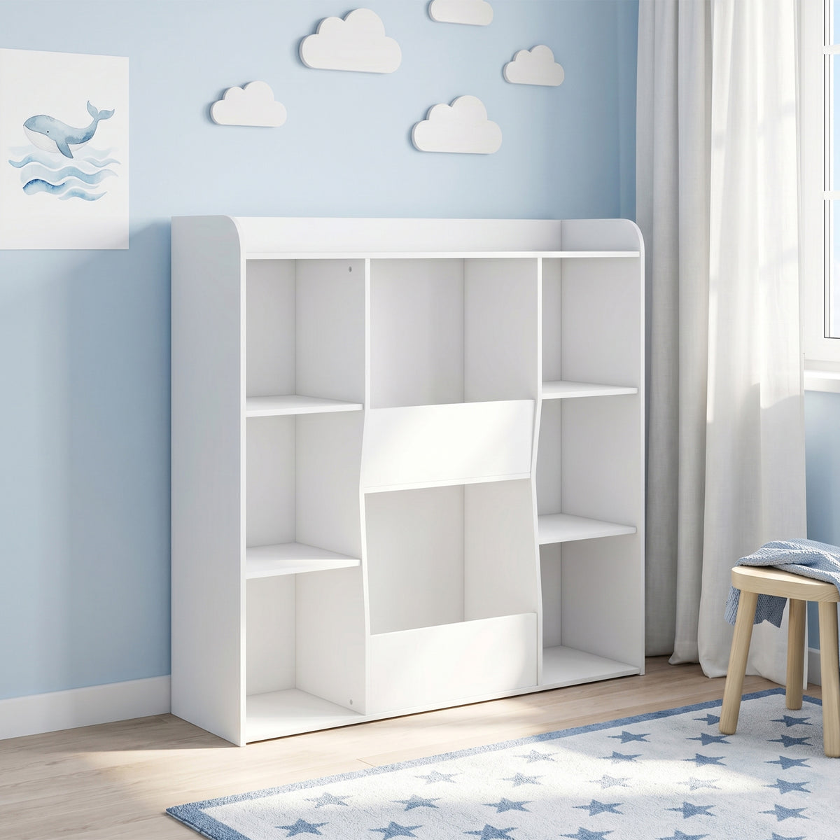 Meuble rangement enfant, bibliothèque enfants avec 8 compartiments et étagère supérieure, 104 x 29 x 101,5 cm, blanc